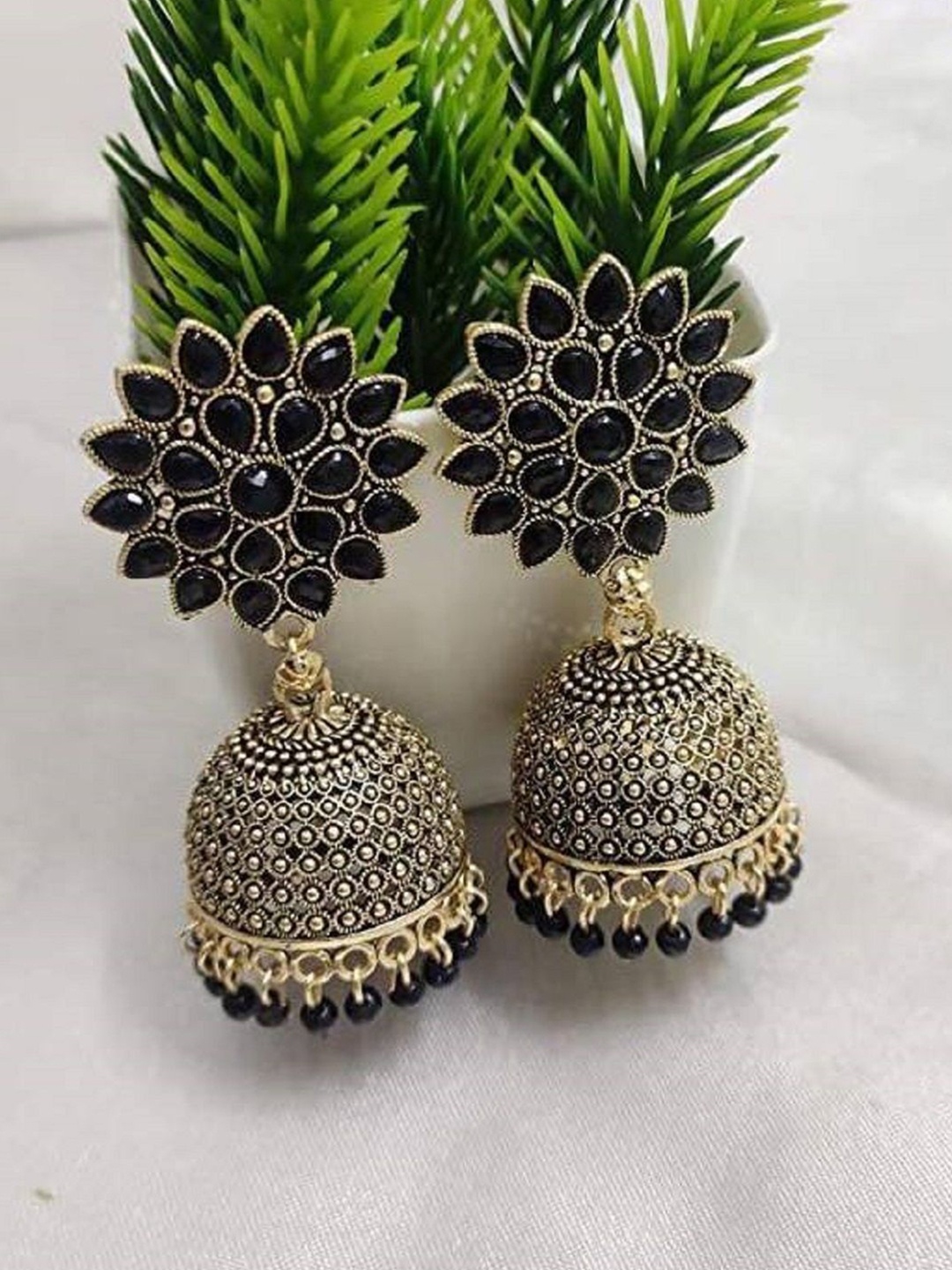 

JMBW INTERNATIONAL Gold Plated Kundan Studded Floral Jhumkas, Black