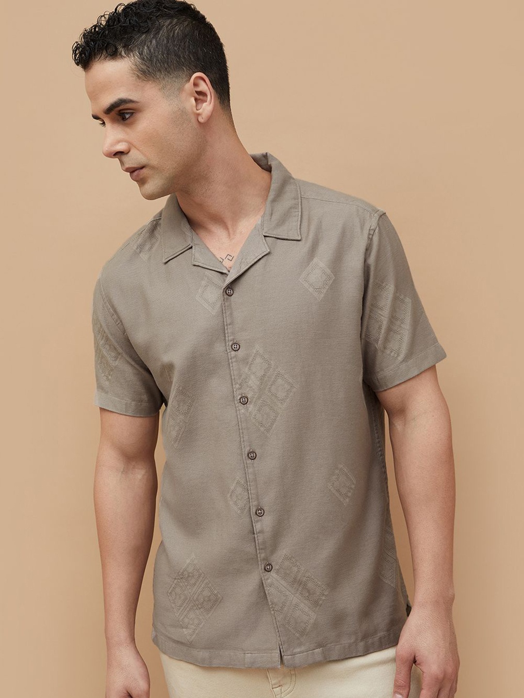 

CODE by Lifestyle Men Cuban Collar Textured Cotton Casual Shirt, Beige