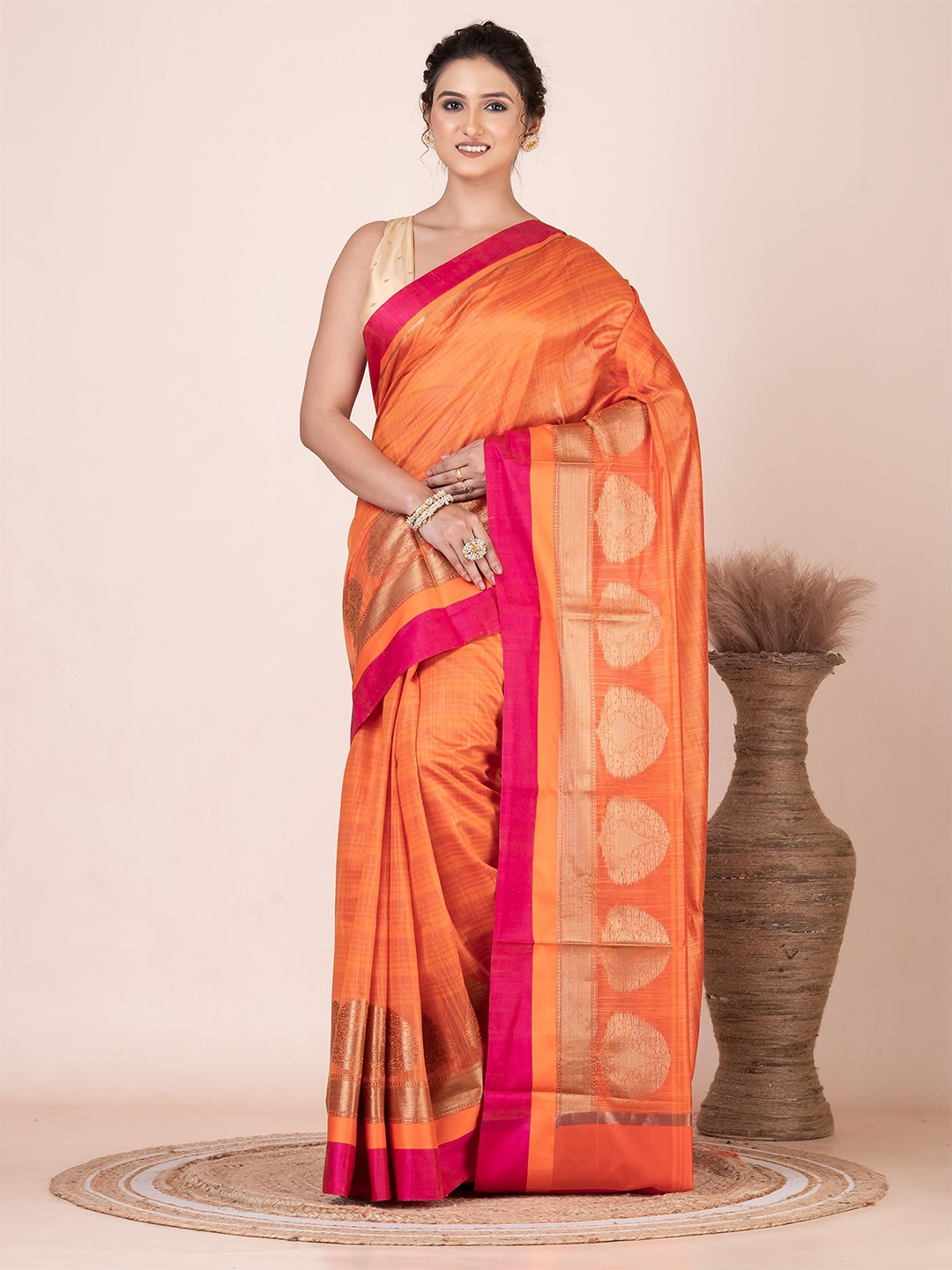 

VIBHAVARI Woven Design Silk Cotton Saree With Design zari border, Orange