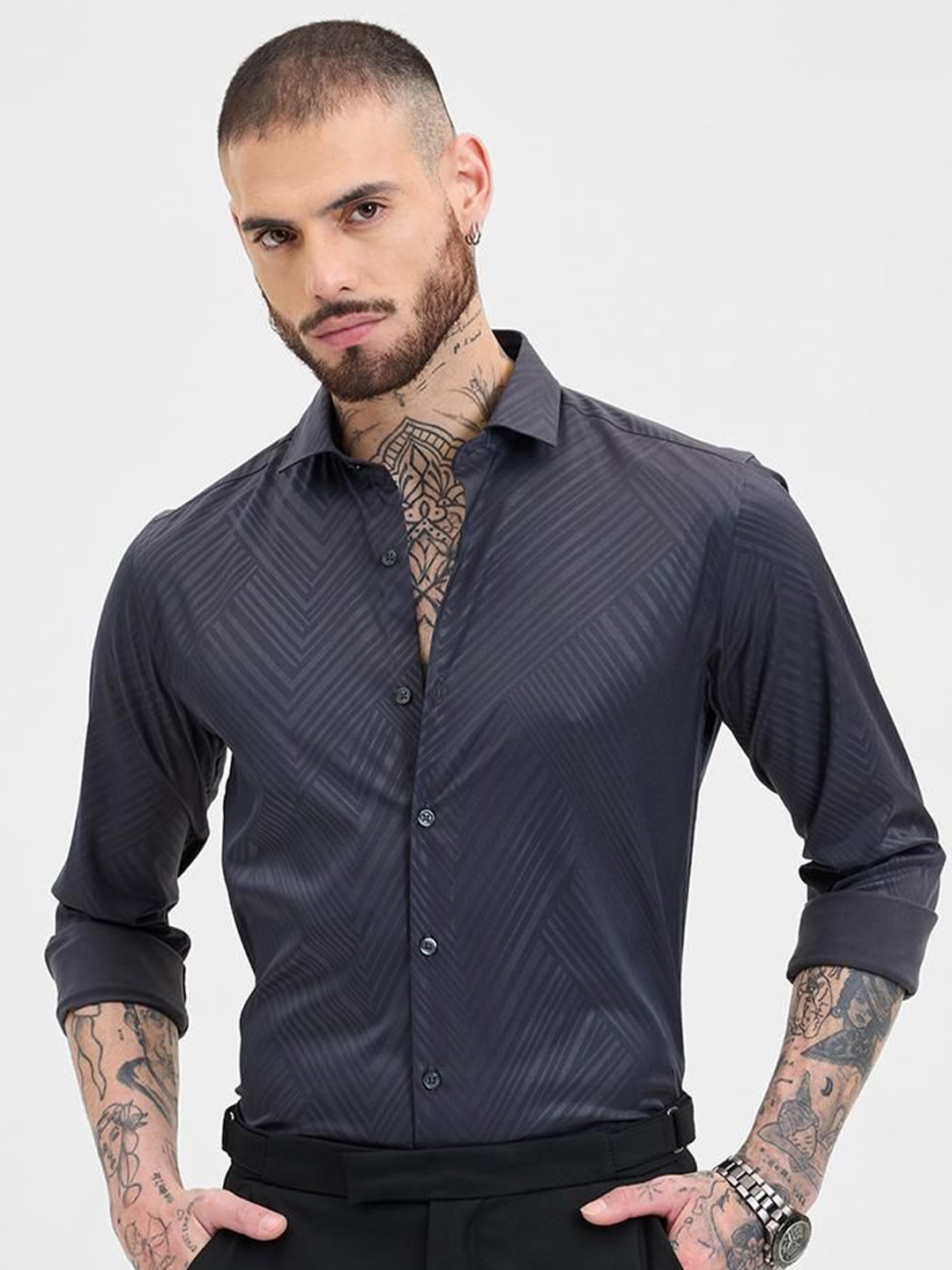 

Snitch Men Smart Spread Collar Textured Slim Fit Formal Shirt, Charcoal