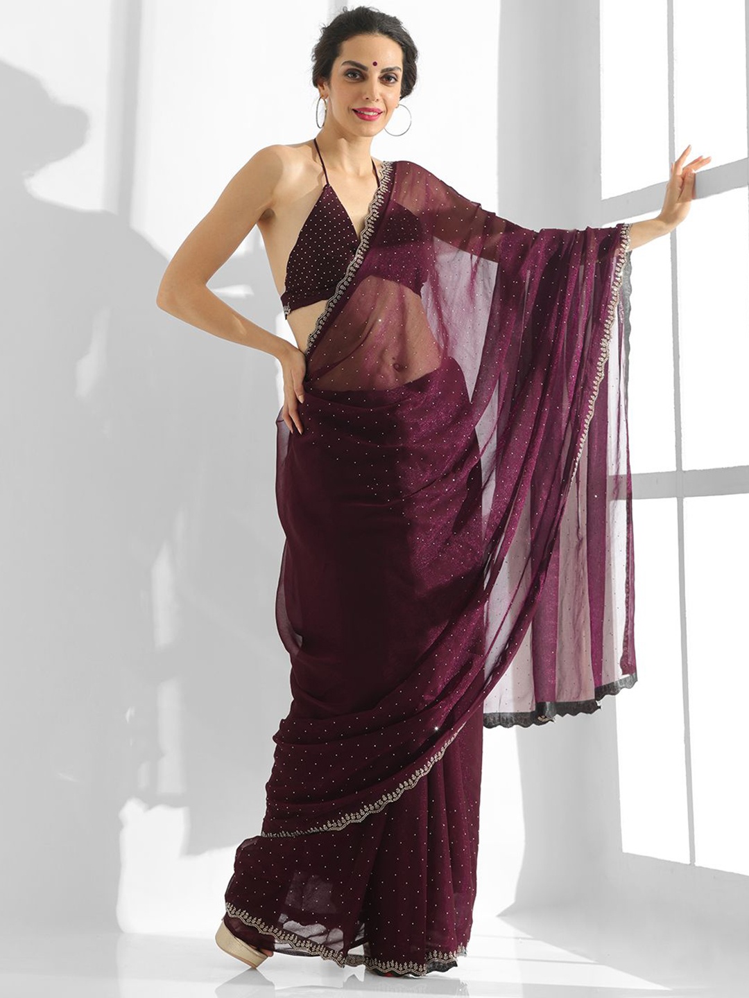 

Kalista Embellished Beads and Stones Pure Chiffon Saree, Burgundy