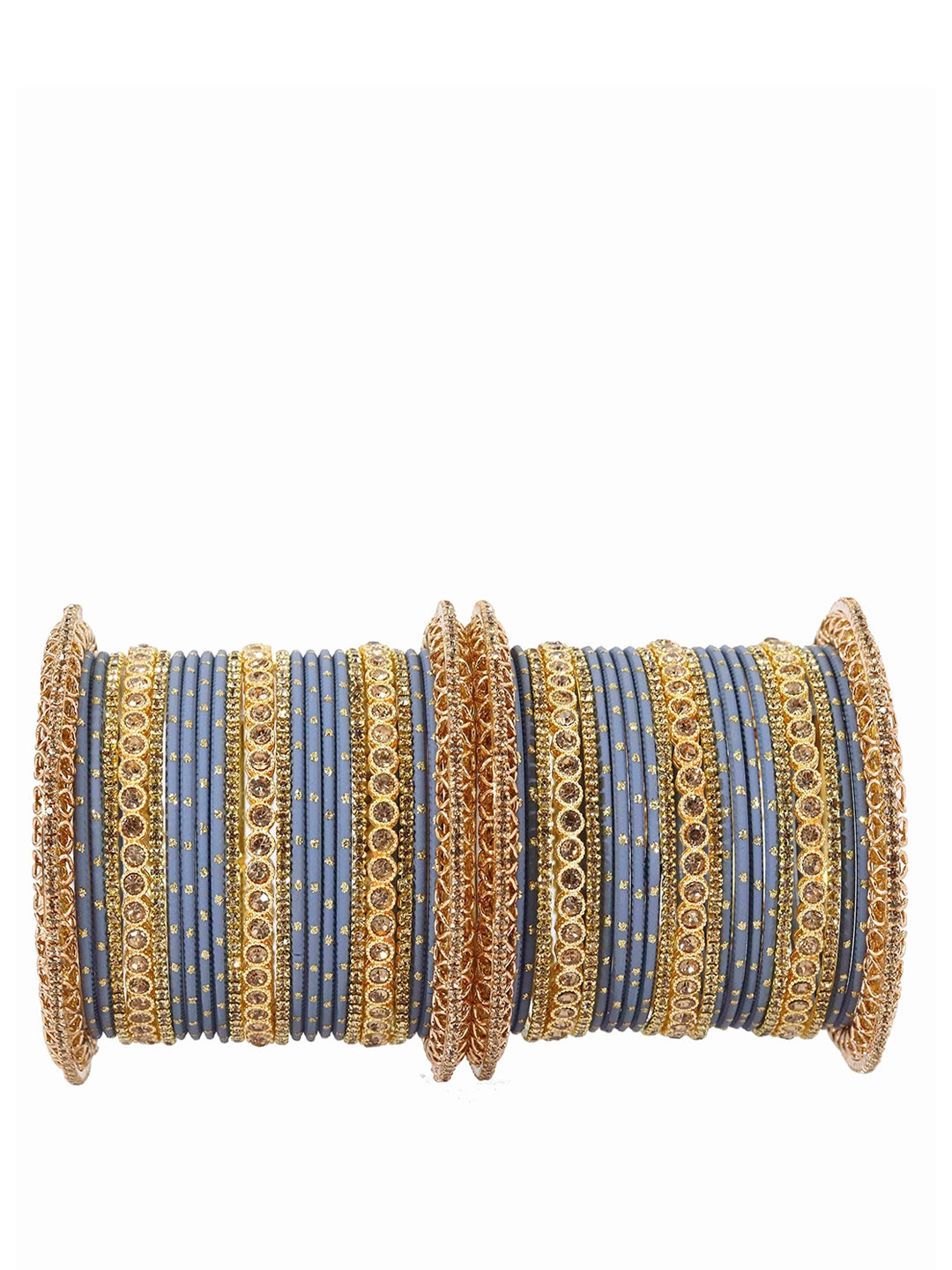 

ZULKA Set of 46 Zircon Gemstone Studded Zari Dotted Metal Bangles, Blue