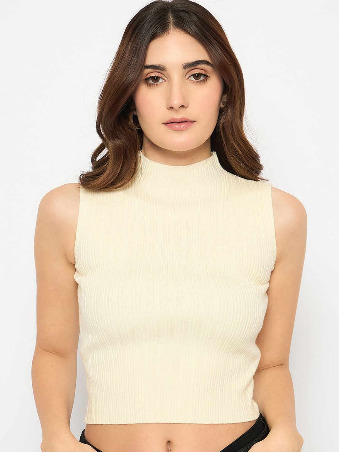 

Madame Women Ribbed High Neck Pullover Sweater, Off white