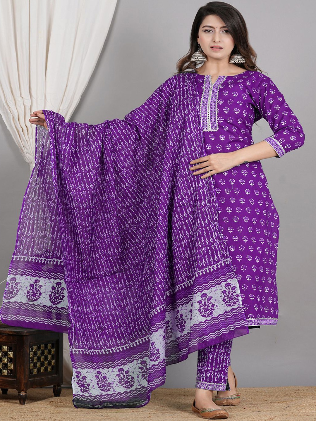 

SIGNORIA Women Floral Printed Pure Cotton Kurta with Trousers & Dupatta, Purple