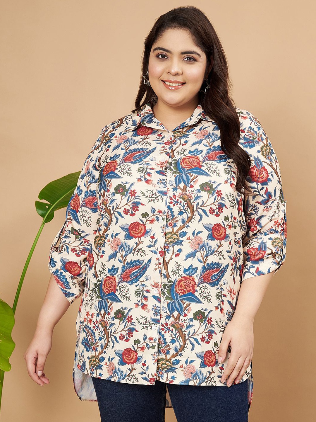 

MOOBA Women Classic Floral Opaque Printed Casual Shirt, Beige
