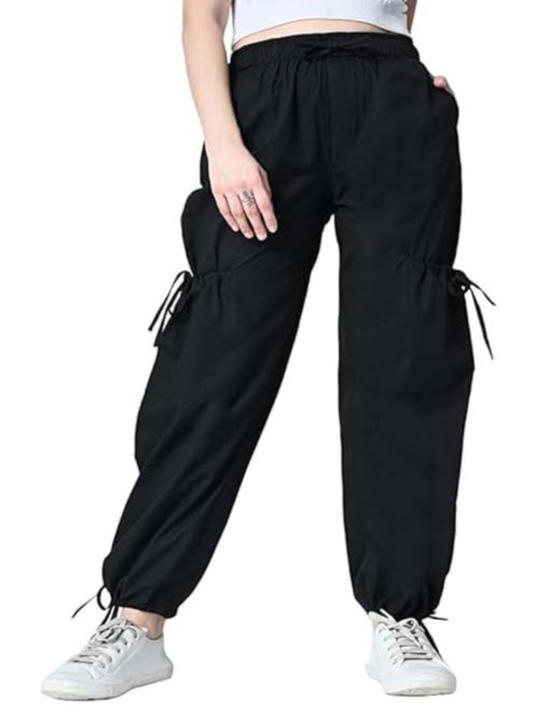 

OWL MINK Women Comfort Fit Mid-Rise Cargos Parachute Trousers, Black