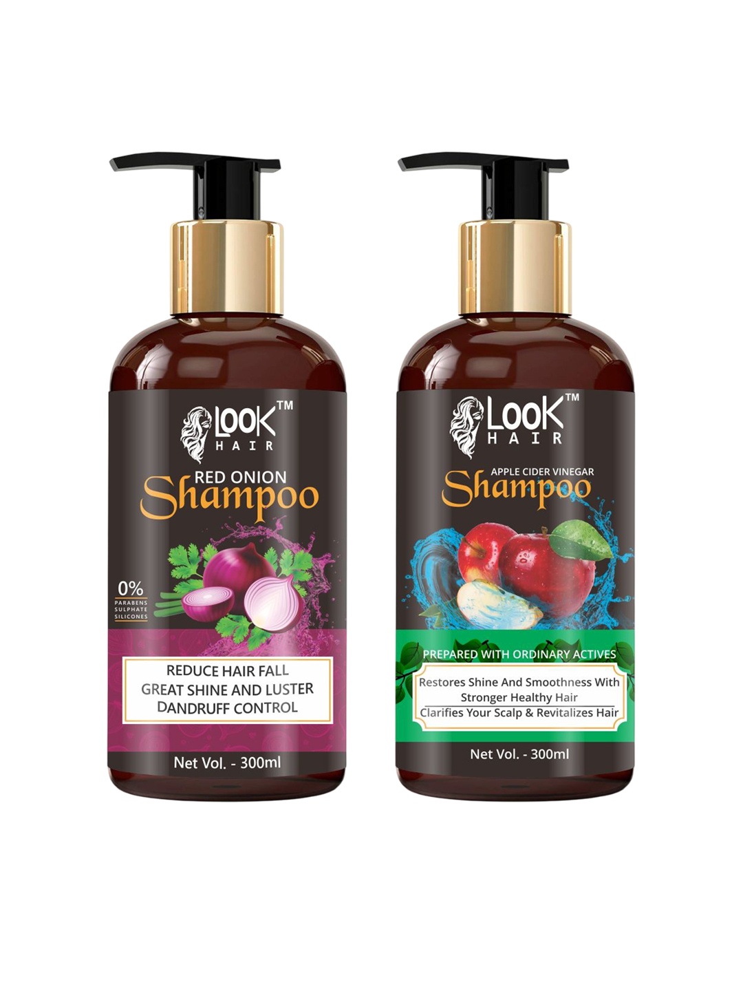 

LOOK HAIR Set Of 2 Apple Cider Vinegar Shampoo & Onion Shampoo - 300 ml Each, Red