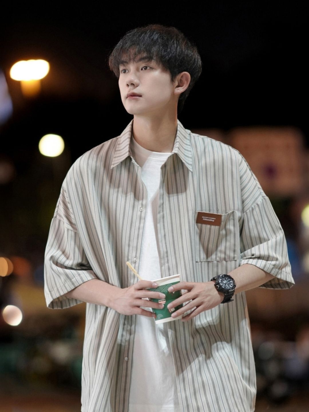 

HERE&NOW Men Original Vertical Striped Oversized Casual Shirt, Cream