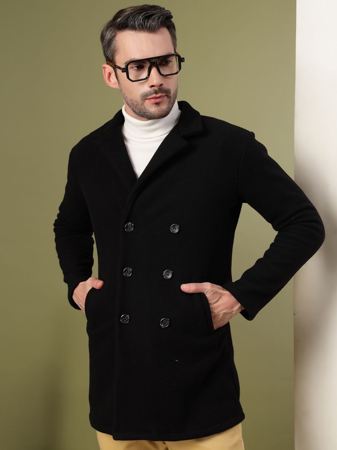 

Rigo Men Notched Lapel Collar Double Breasted Overcoat, Black