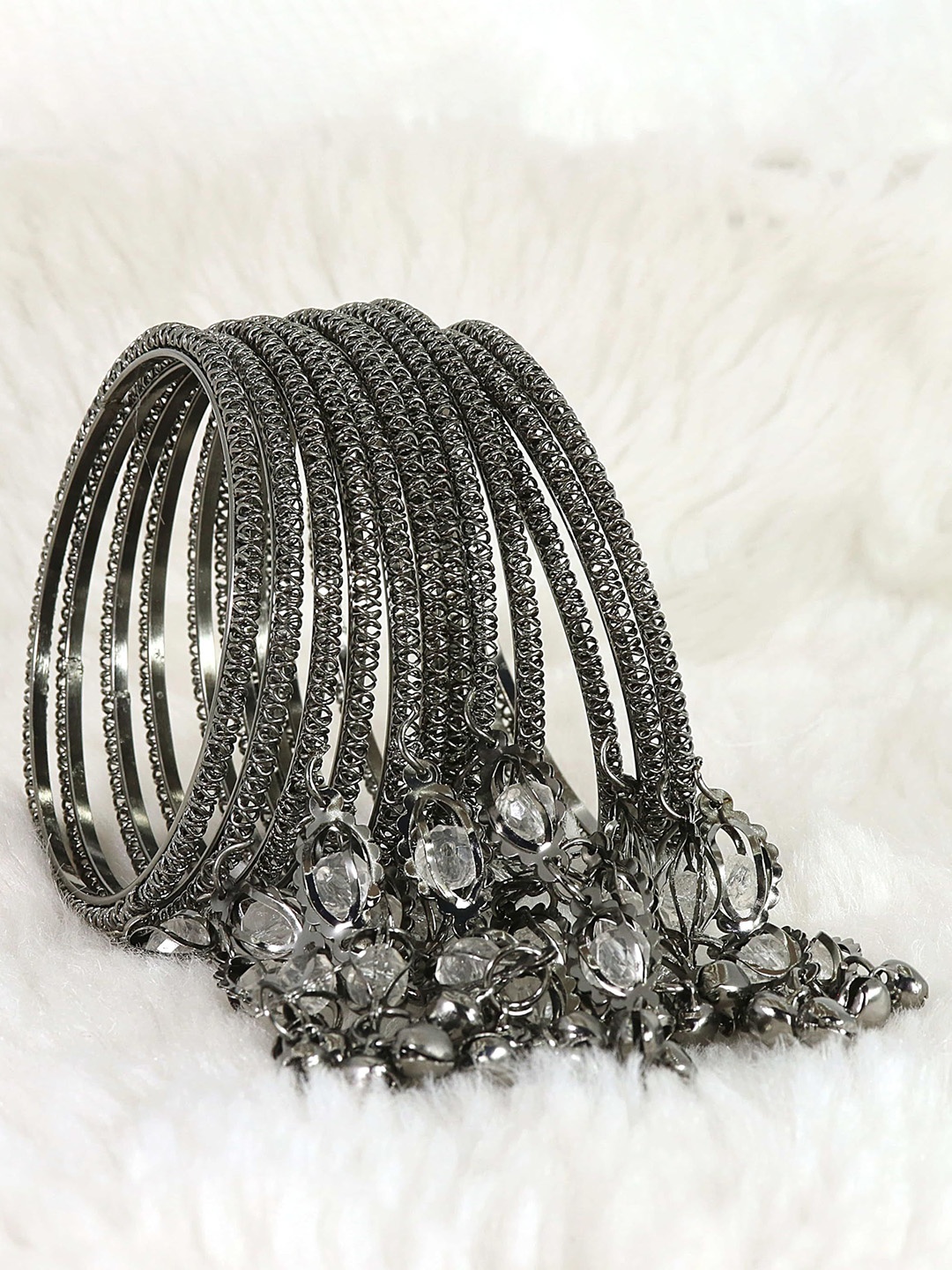

ZULKA Set of 12 Metal with Zircon Stone and Bells Latkan Bangles, Black