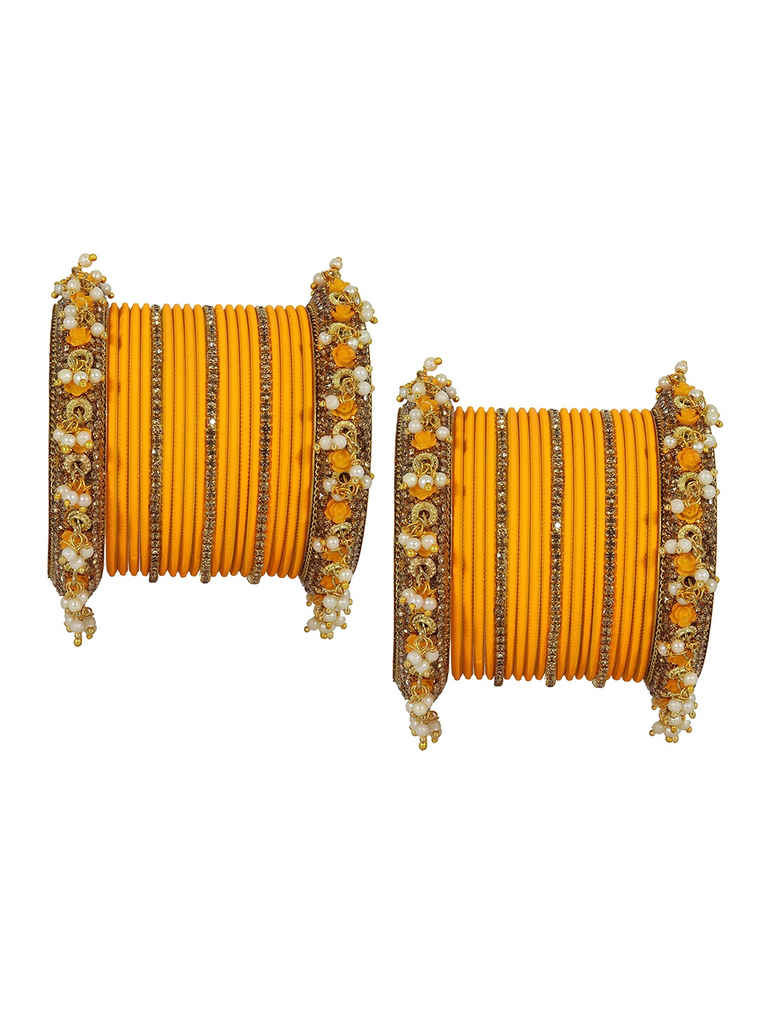 

ZULKA Set of 42 Metal Base with Zircon Gemstone and Pearl Bangles, Orange