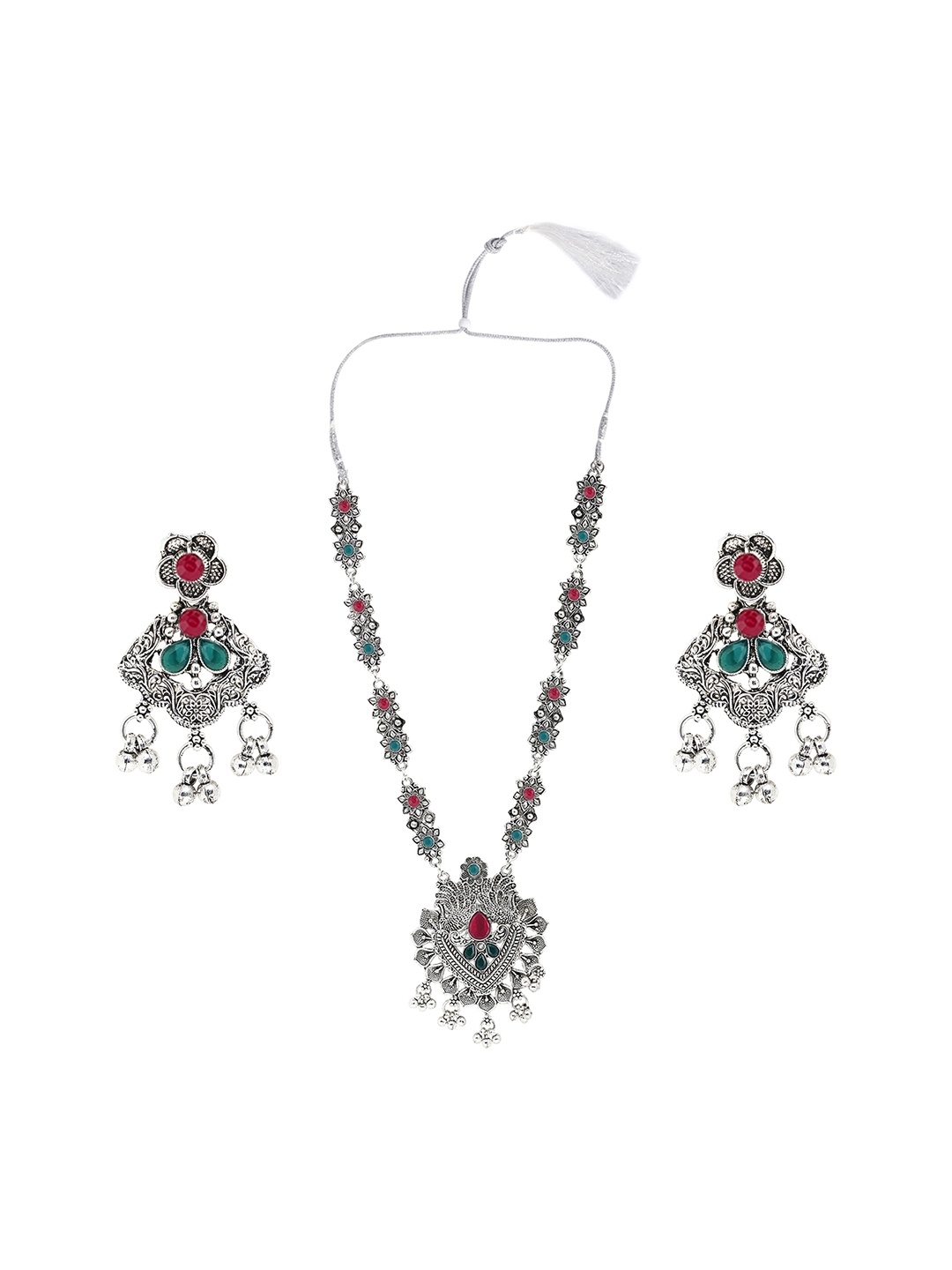 

SUNHARI Oxidised Stone-Studded Necklace & Earrings, Silver