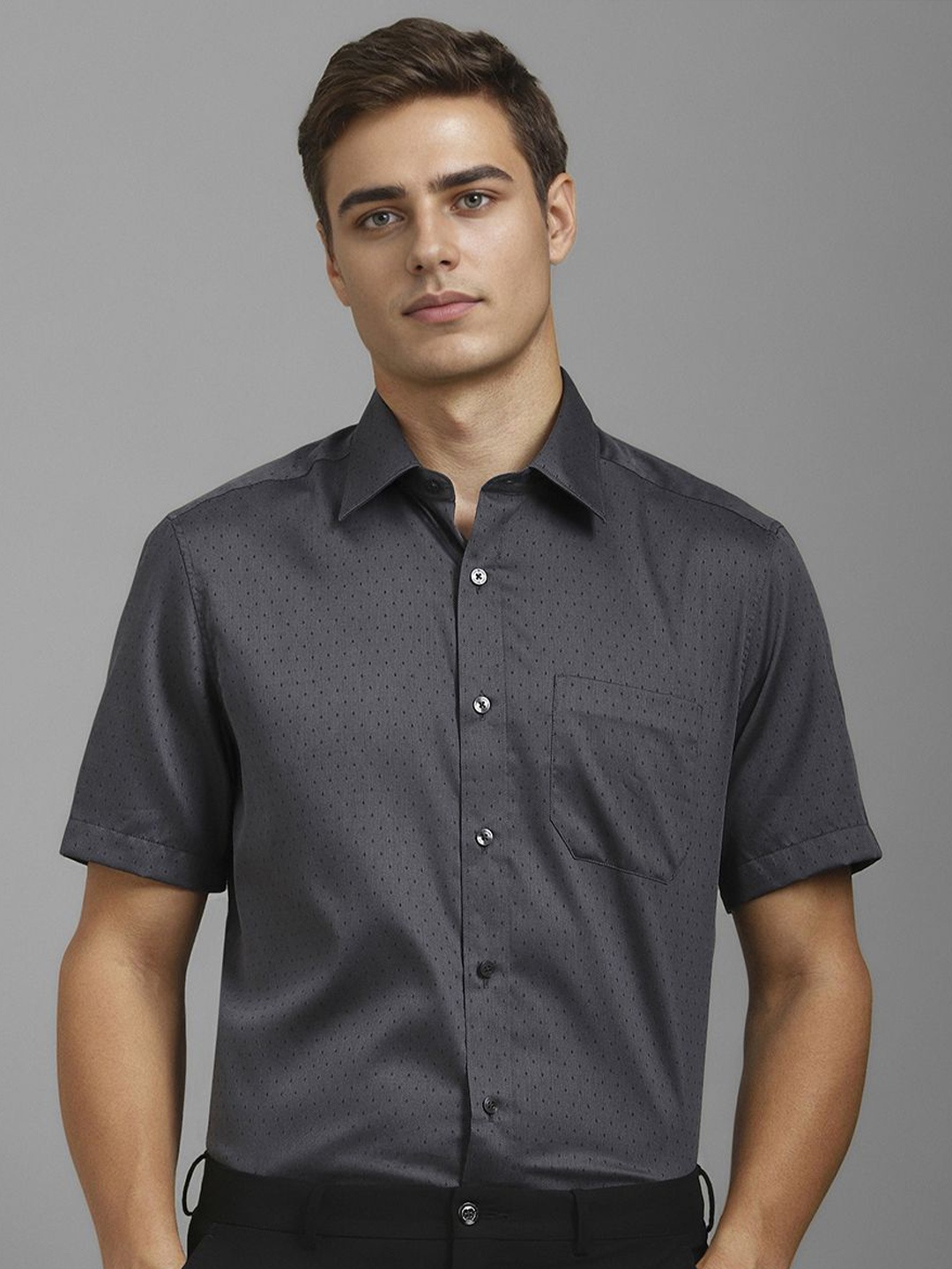 

Louis Philippe Men Classic Spread Collar Micro Ditsy Printed Cotton Formal Shirt, Grey
