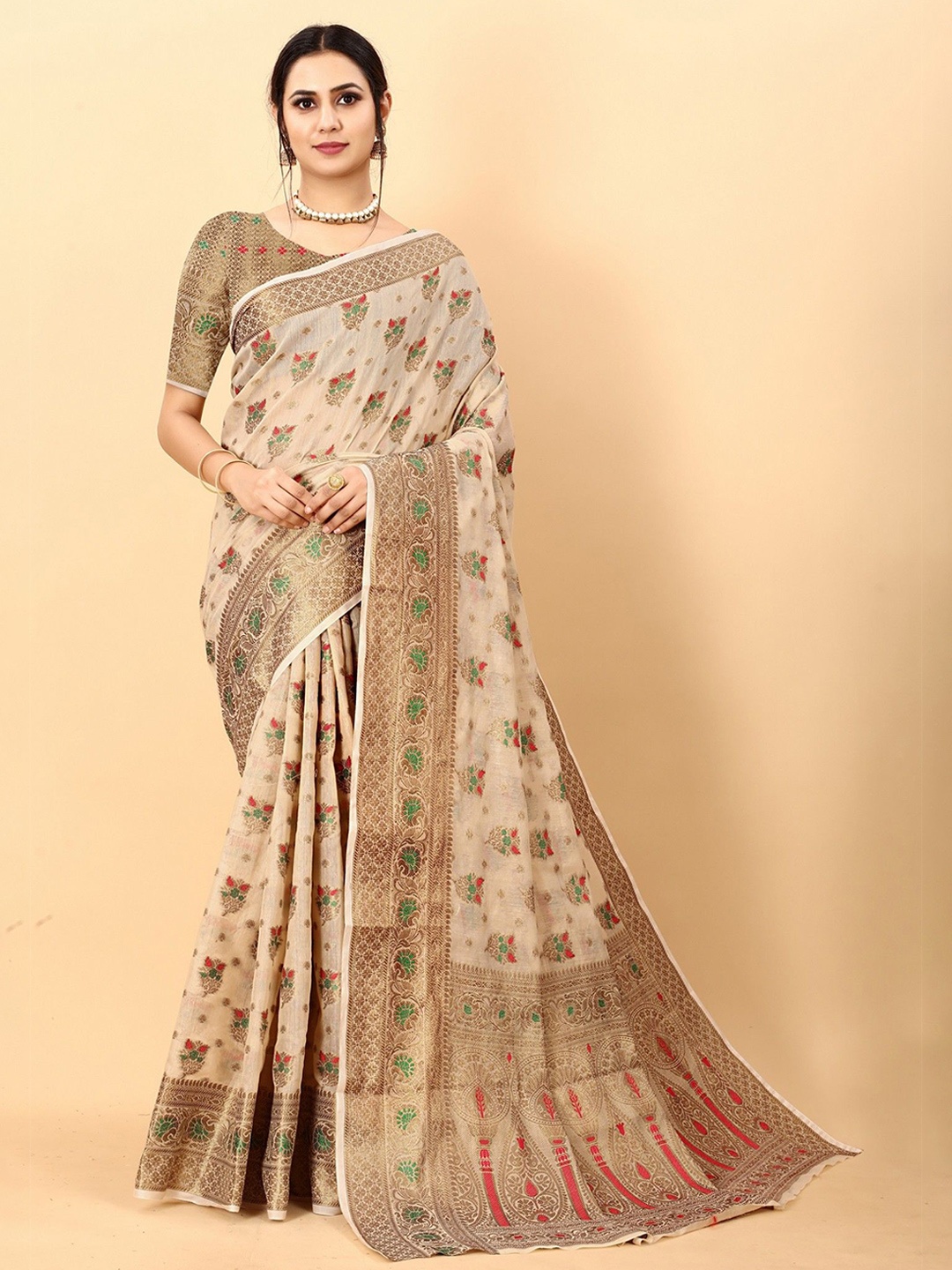 

VARNI FABRICS Ethnic Motifs Woven Design Zari Pure Cotton Banarasi Saree, Beige