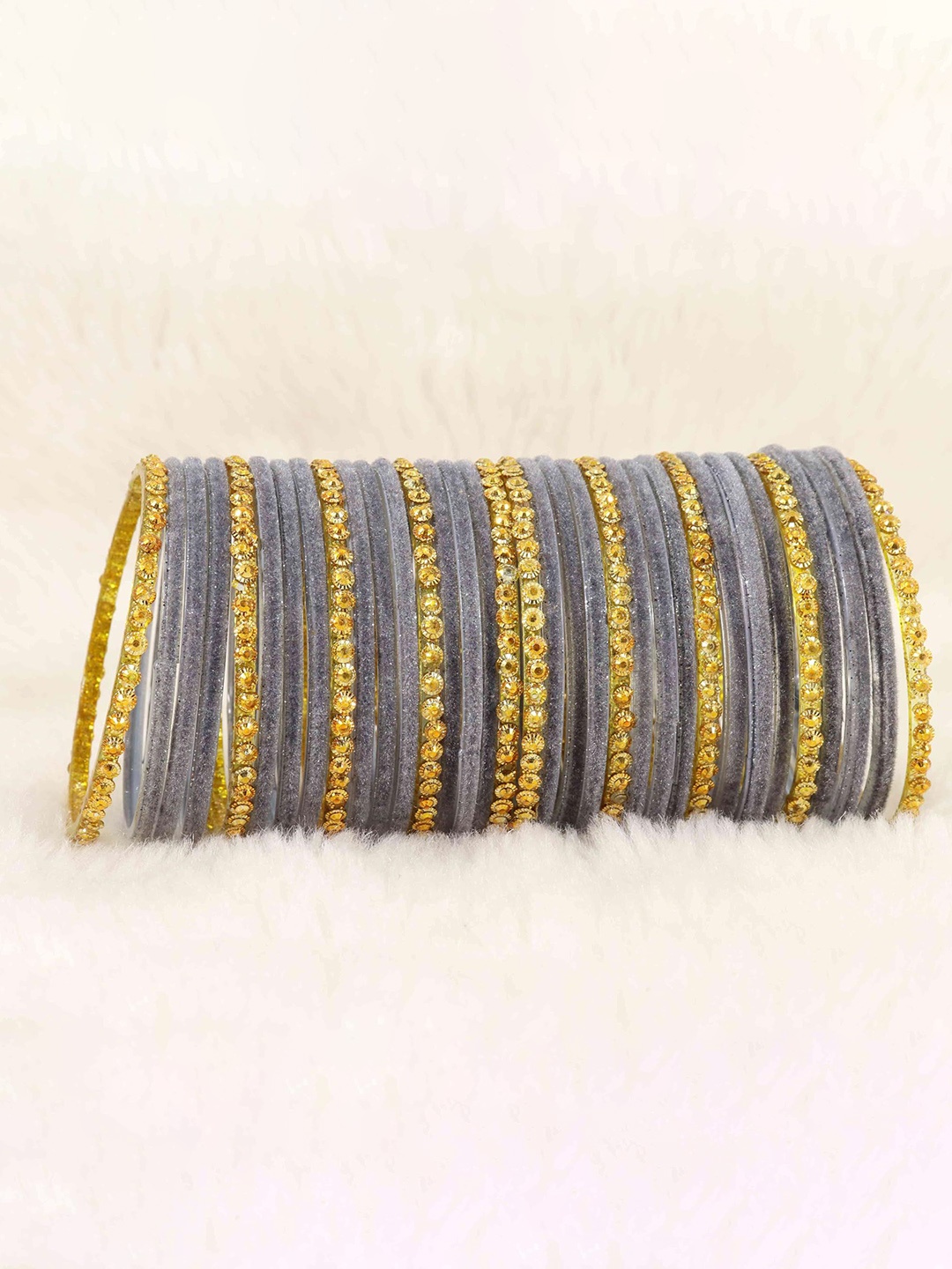 

ZULKA Set of 34 Stylish Velvet with Golden Beads Fancy Glass Bangles, Grey