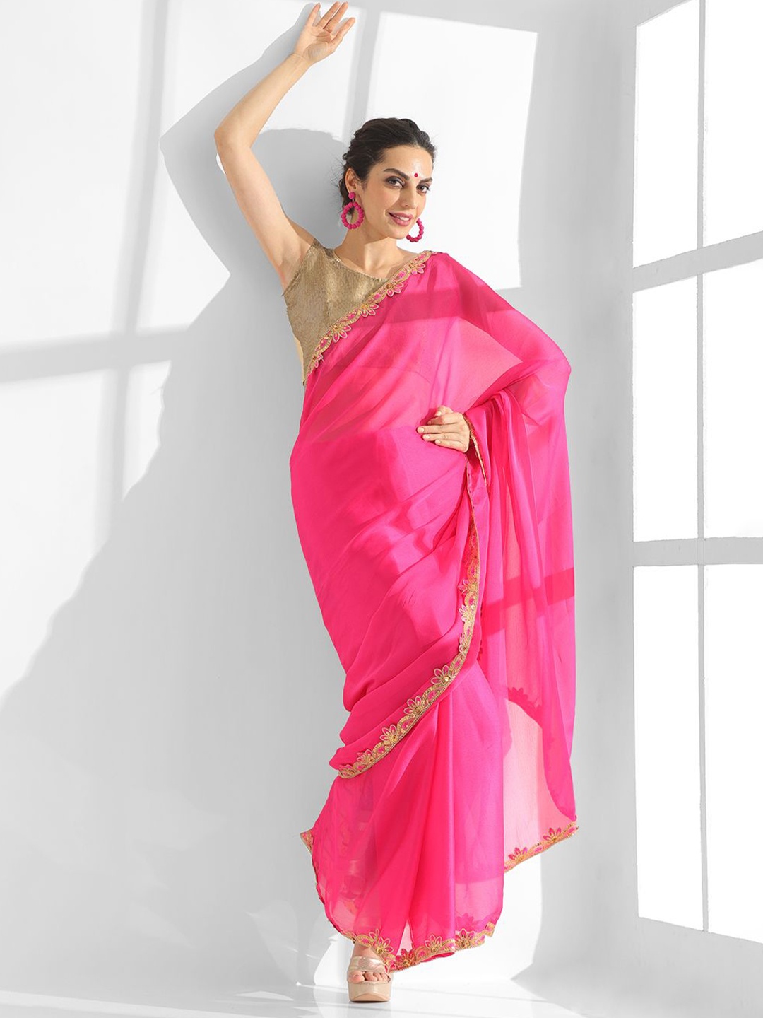 

Mitera Sequinned Organza Saree, Pink