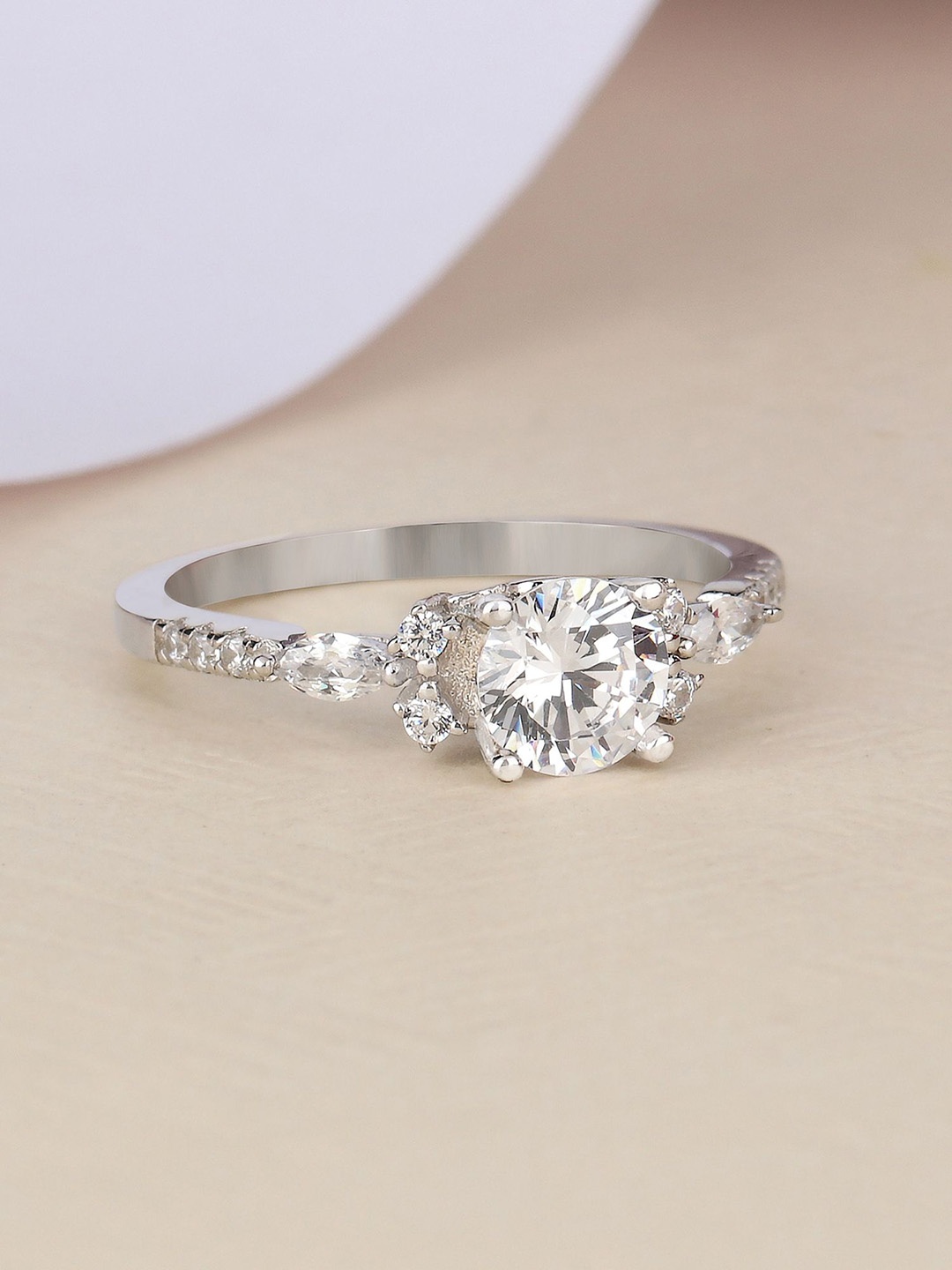 

Ornate Jewels 925 Sterling Silver Rhodium Plate AD Studded Solitaire Finger Ring