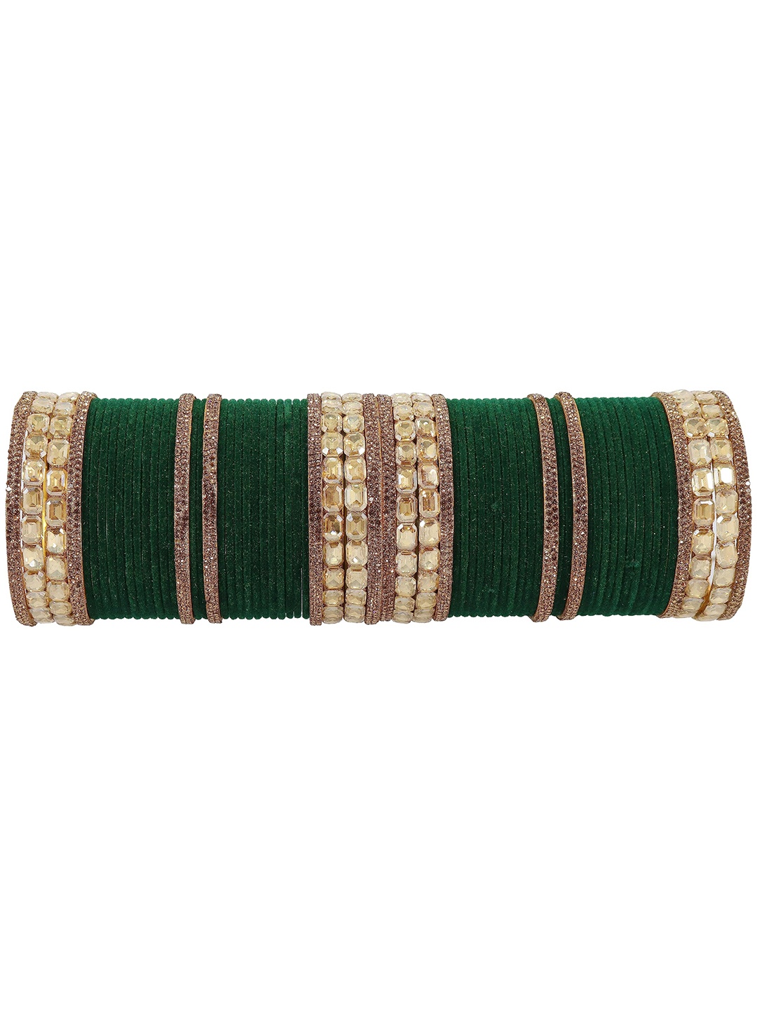 

ZULKA Set of 68 Metal with Zircon Gemstone Studded Velvet Bangles, Green