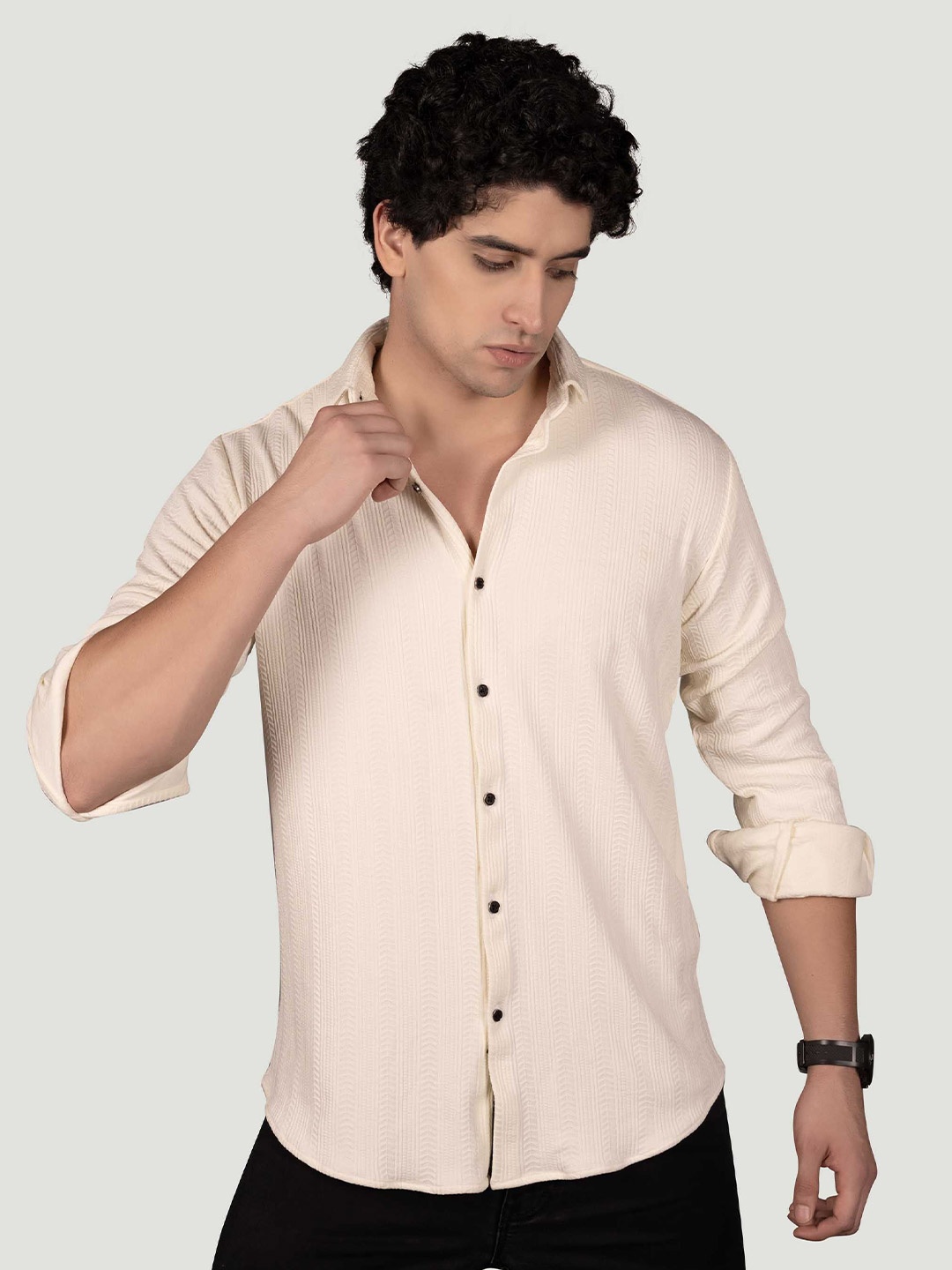 

ALMATY Men Comfort Spread Collar Textured Elastane Casual Shirt, Beige