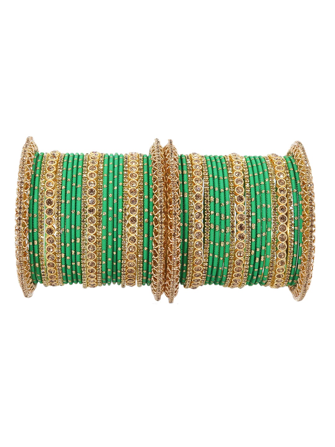 

ZULKA Set of 46 Women Zari Dotted Metal Bangles, Green