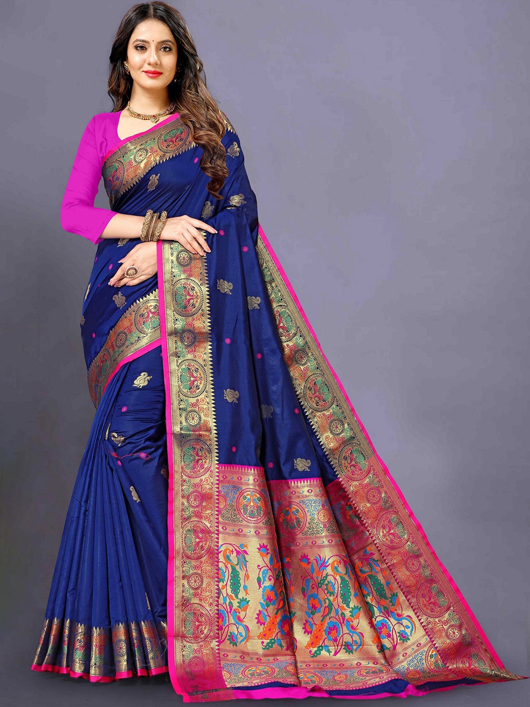 

VARNI FABRICS Woven Design Pure Silk Paithani Saree, Navy blue