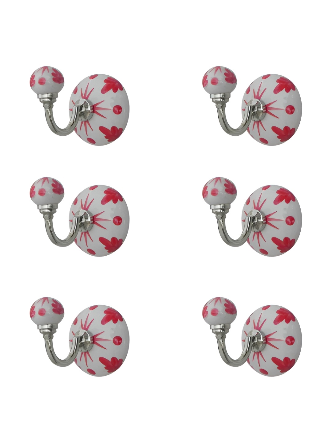 

IndianShelf Red & White 6 Pieces Ceramic Floral Door Hangers Key Hooks