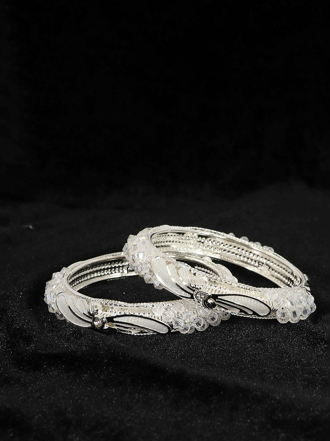 

ZULKA Set of 2 Alloy Metal Zircon Diamond & Pearls Kada Bangles, Silver