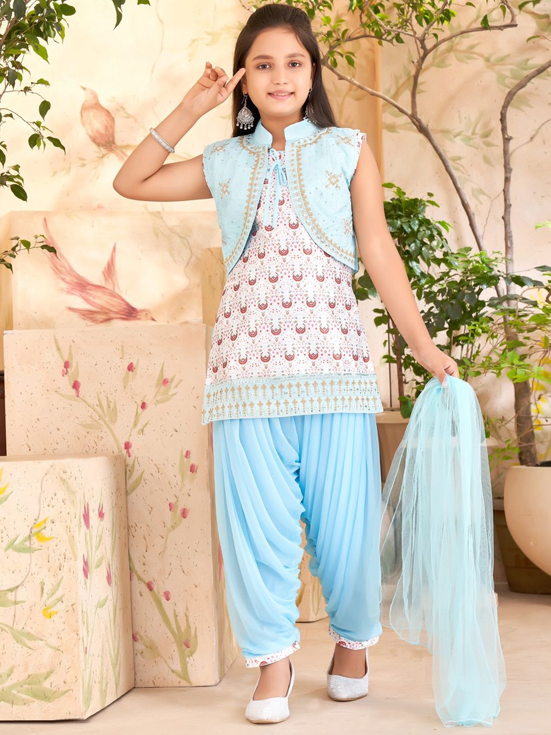 

Sangria Girls Printed Kurti Salwar With Embroidered Jacket Kurta Sets, Off white