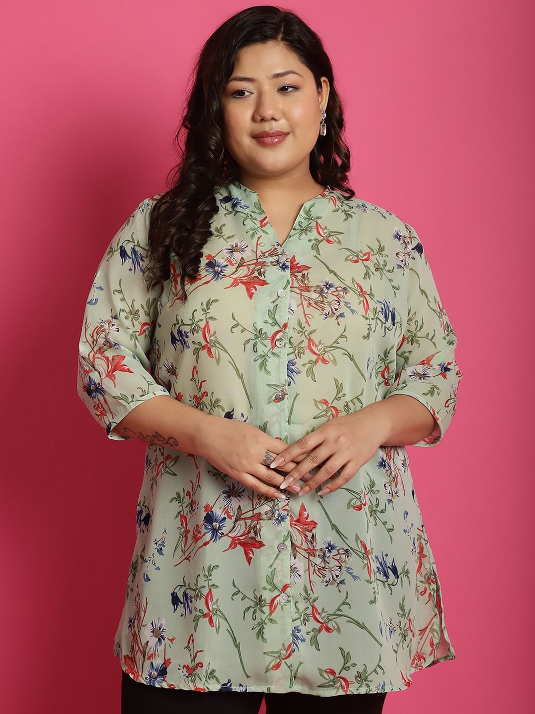 

theRebelinme Women Plus Size Relaxed Collarless Floral Printed Oversized Casual Shirt, Beige