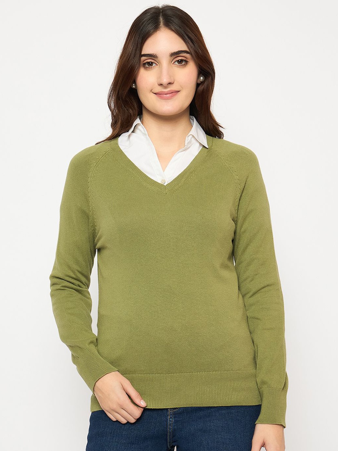 

Madame Women V-Neck Pullover Sweater, Olive