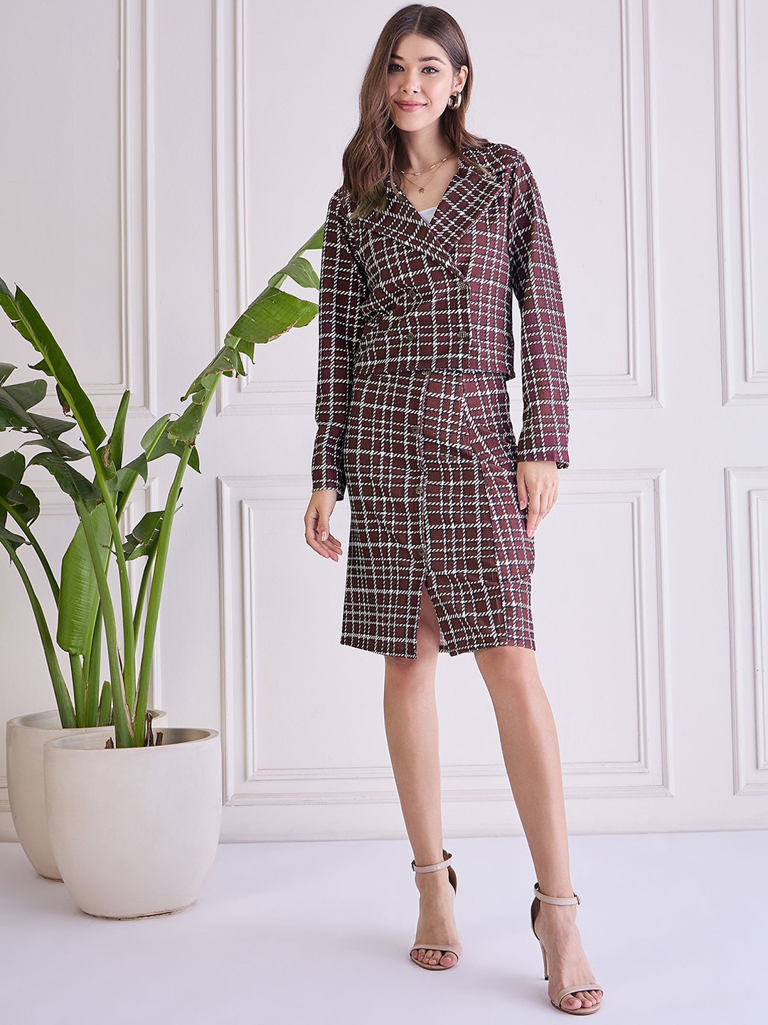 

WESTHOOD Checked Printed Notched Lapel Collar Blazer With Skirt Co-Ords Set, Maroon