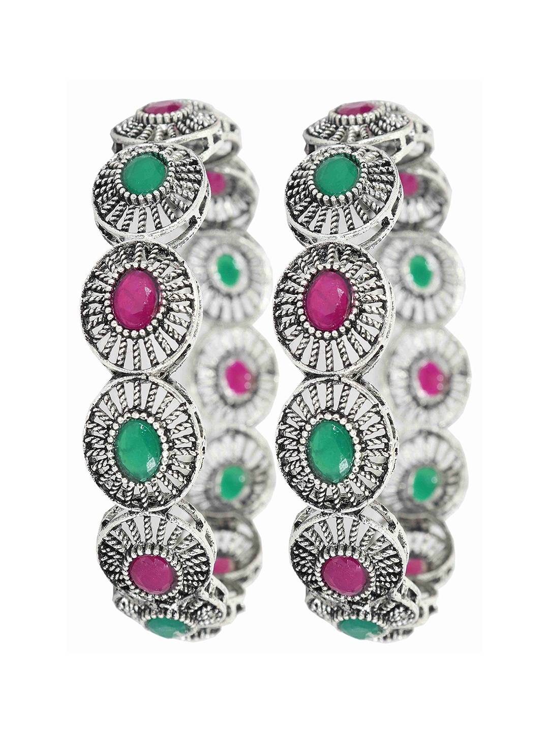 

ZULKA Set of 2 Alloy Oxidized Metal with Ruby Glossy Finished Kada, Silver