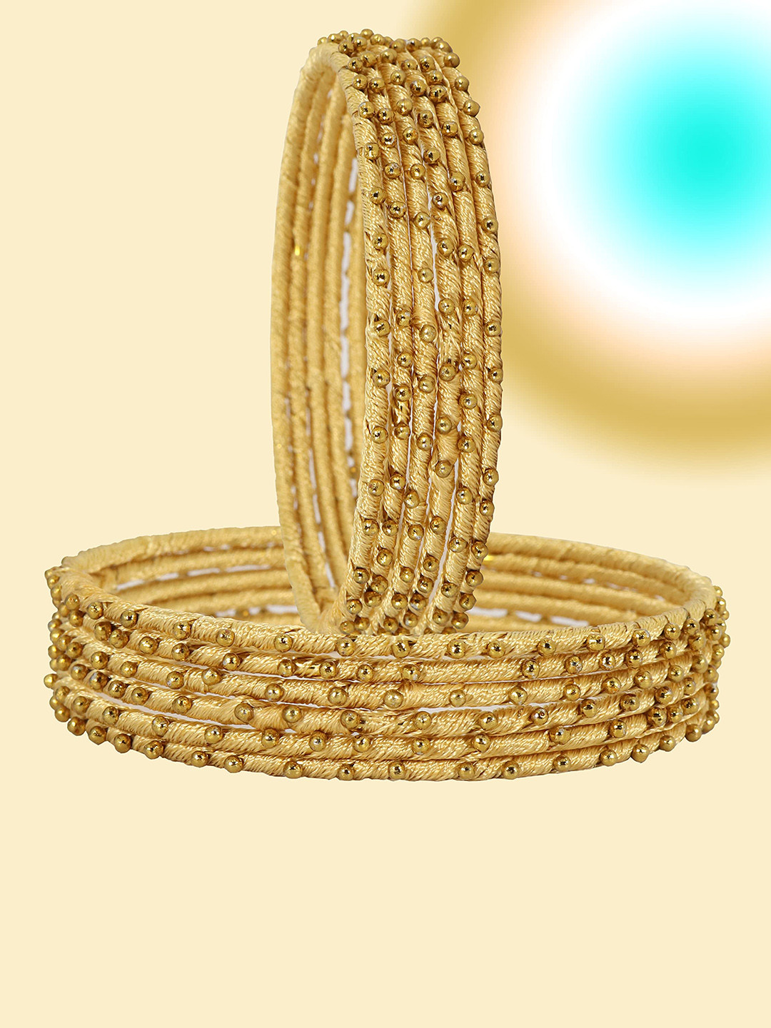 

ZULKA Set of 12 Metal with Silk Thread Stone Bangles, Cream