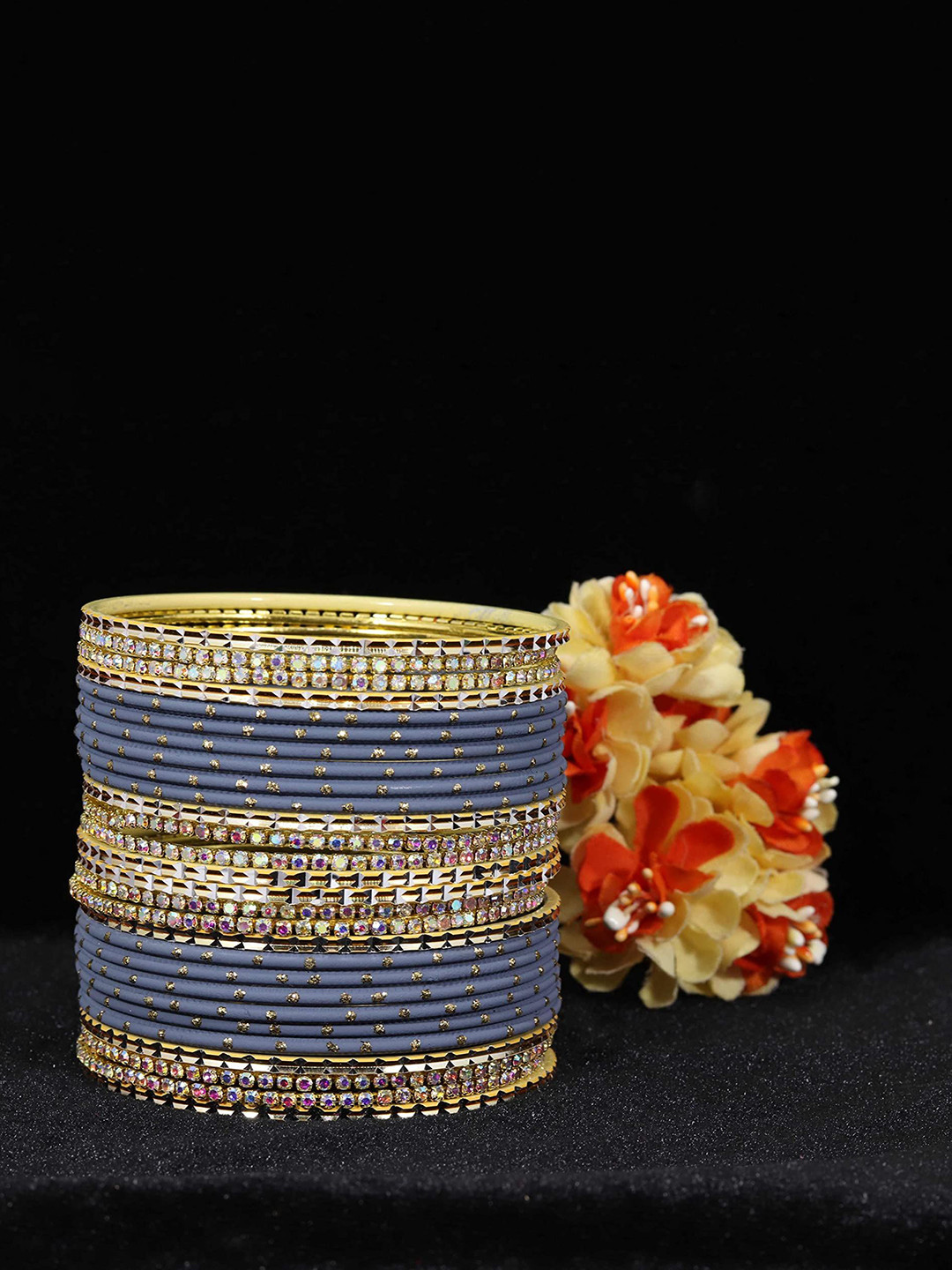 

ZULKA Set of 28 Zircon Stone & Beads Studded Bangles, Grey