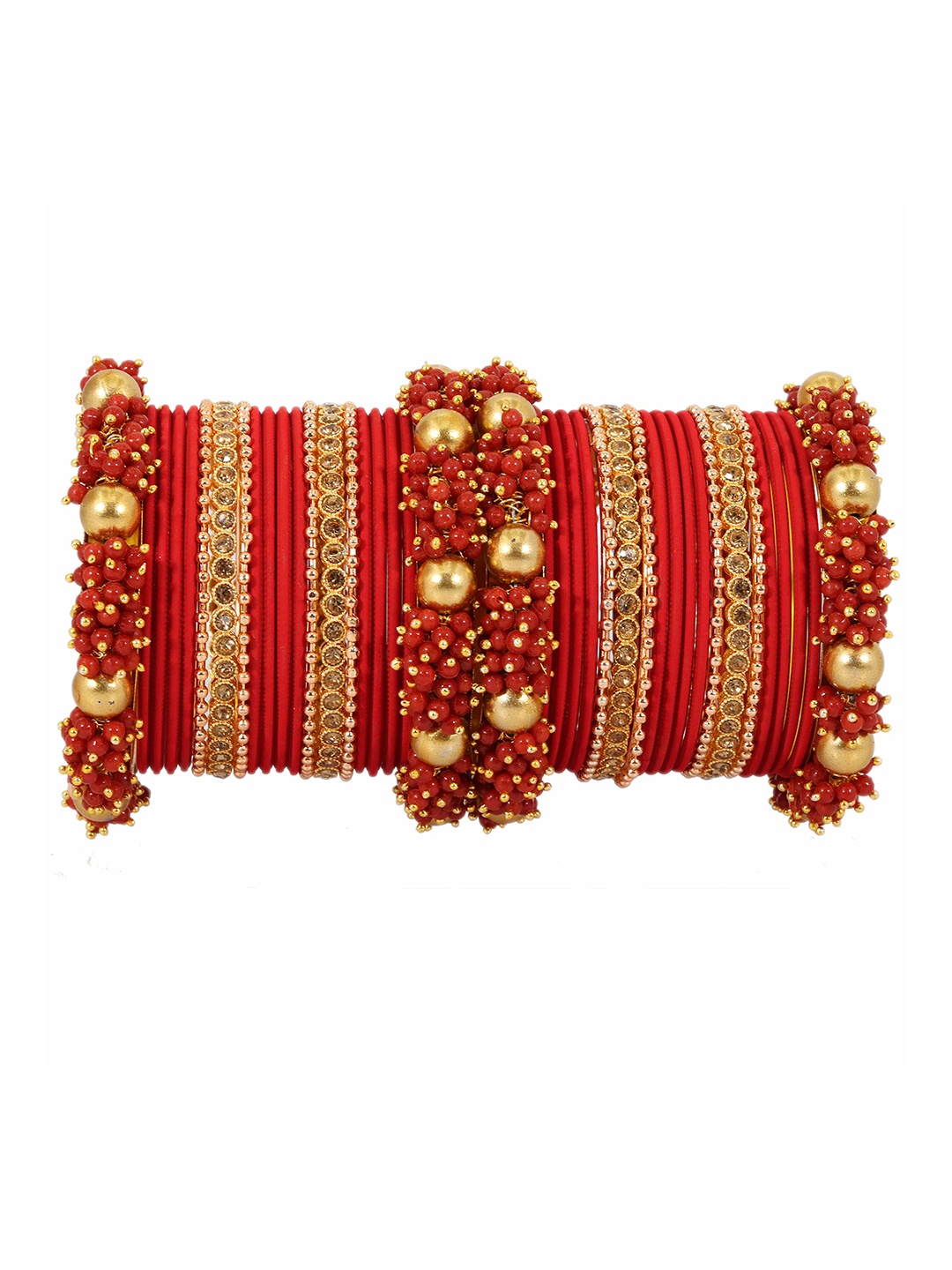 

ZULKA Set of 34 Zircon Gemstone Studded & Beaded Velvet Bangles, Red