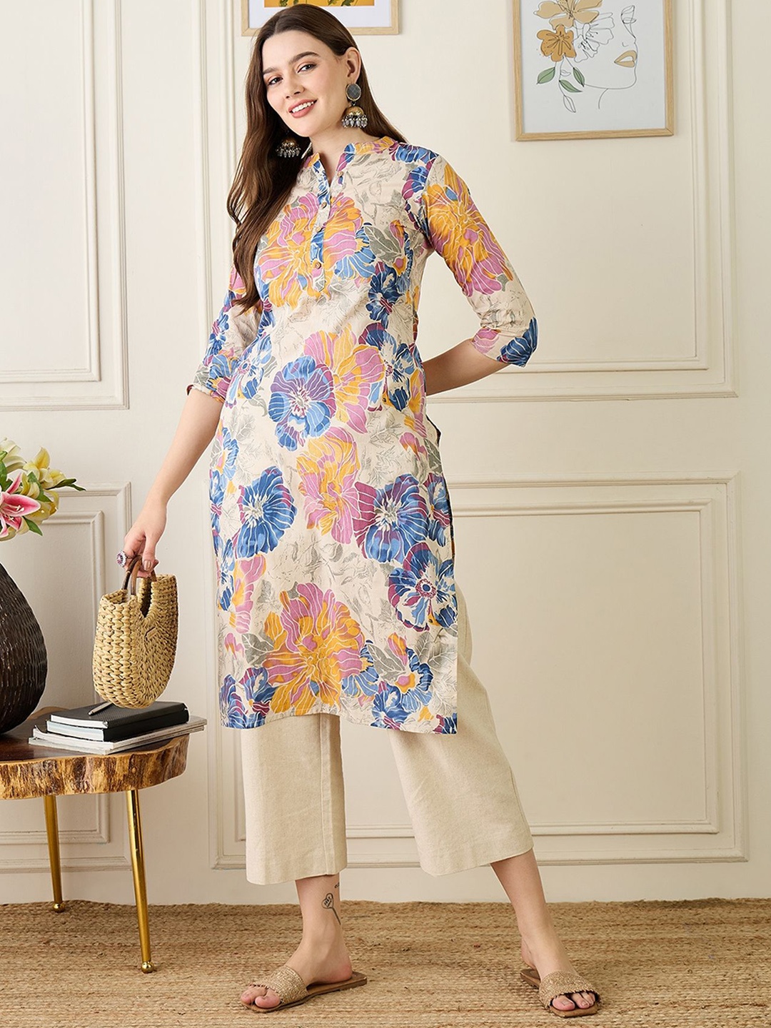 

Anouk Floral Printed Straight Kurta, Beige