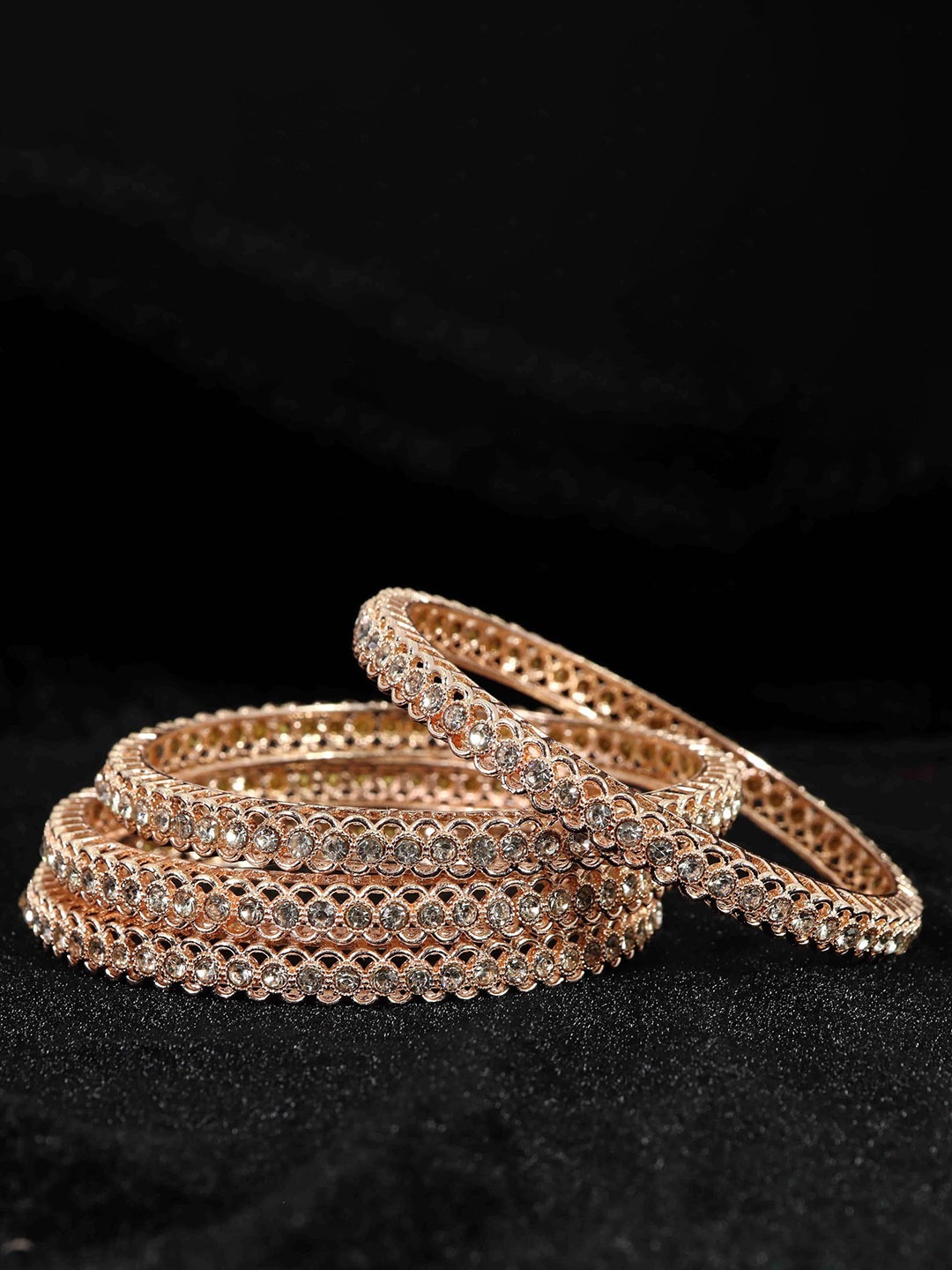 

ZULKA Set of 4 Gold Plated American Diamond Studded Bangles, Rose gold