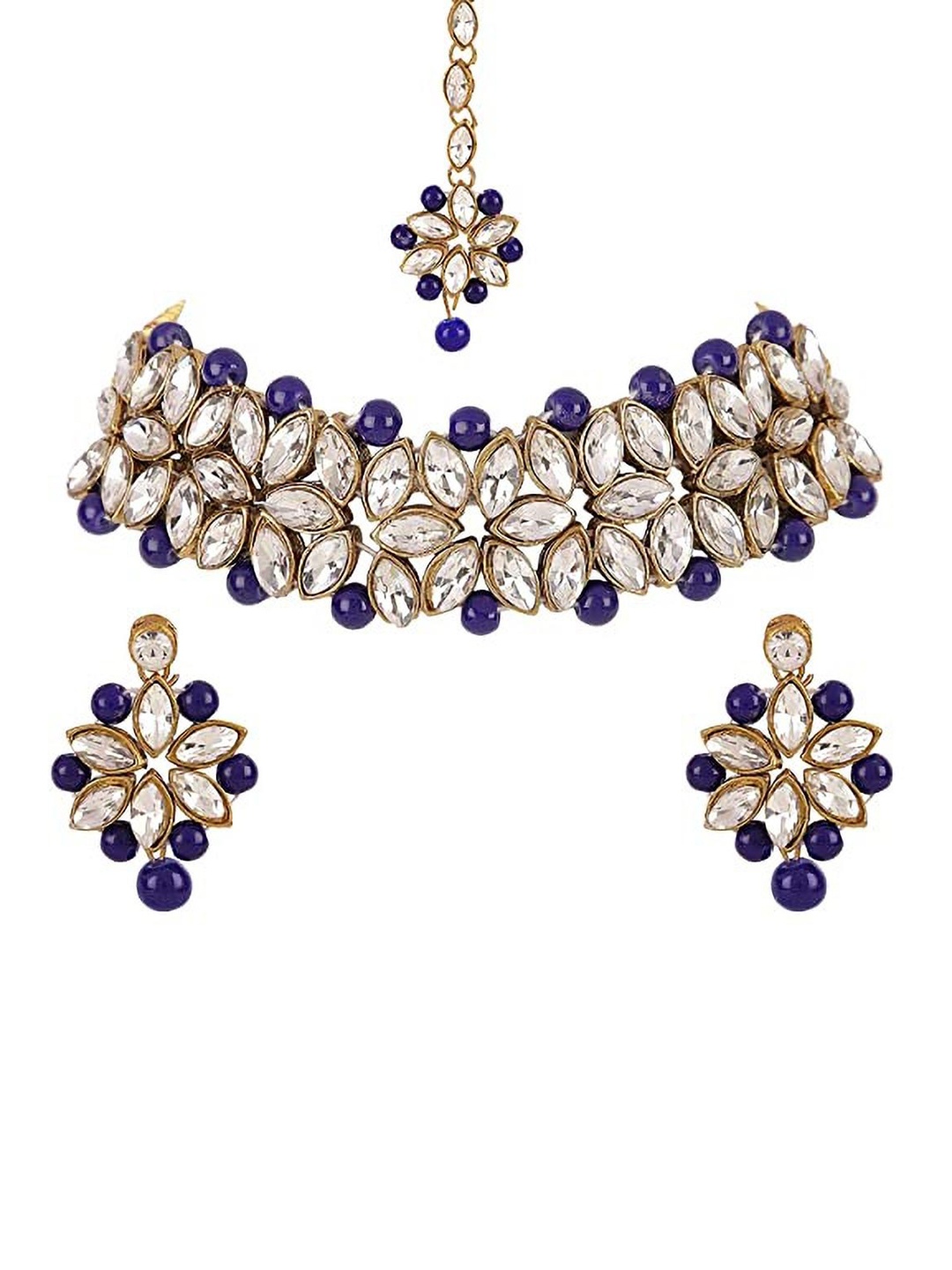 

SUNHARI Kundan Stone Studded & Beaded Choker Jewellery Set, Gold