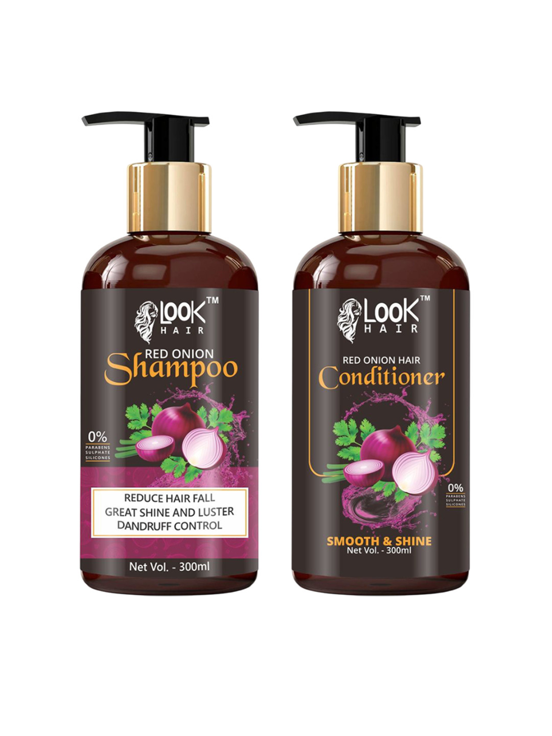 

LOOK HAIR Set Of 2 Onion Hair Fall Control Shampoo & Conditioner - 300 ml Each, Red