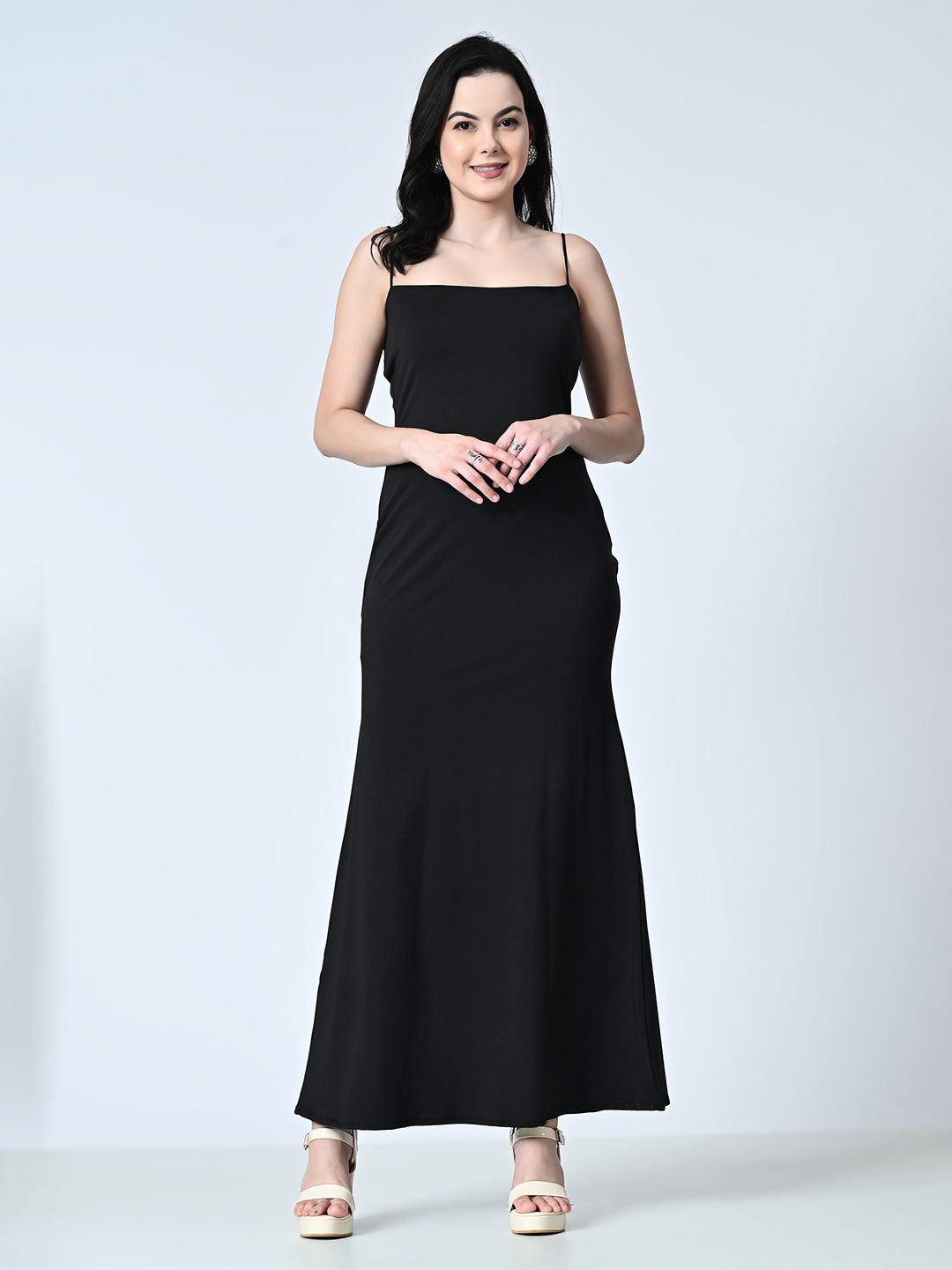 

OWL MINK Women Shoulder Straps Cotton Maxi Dress, Black
