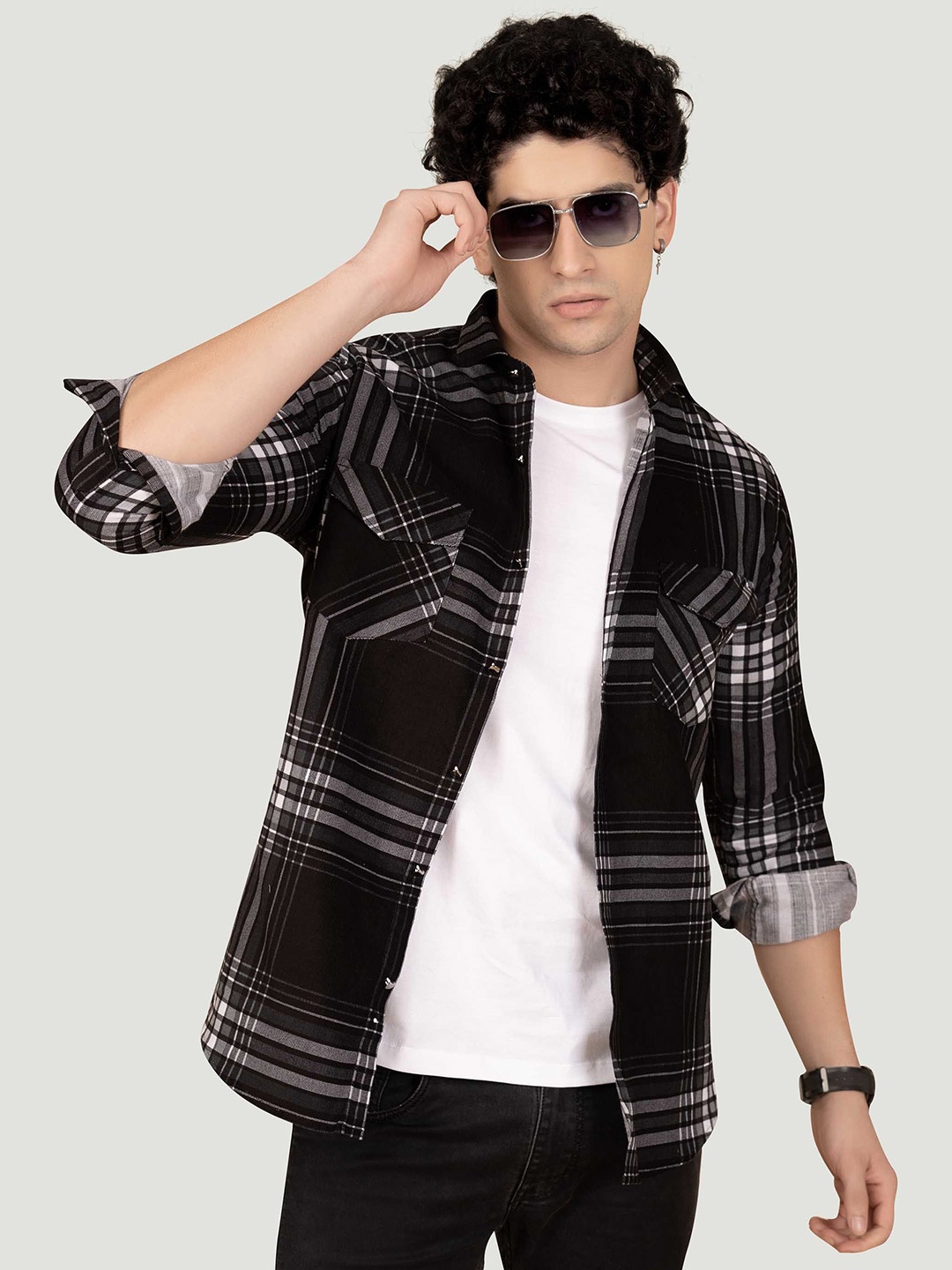 

ALMATY Men Comfort Spread Collar Tartan Checked Relaxed Fit Casual Shirt, Black