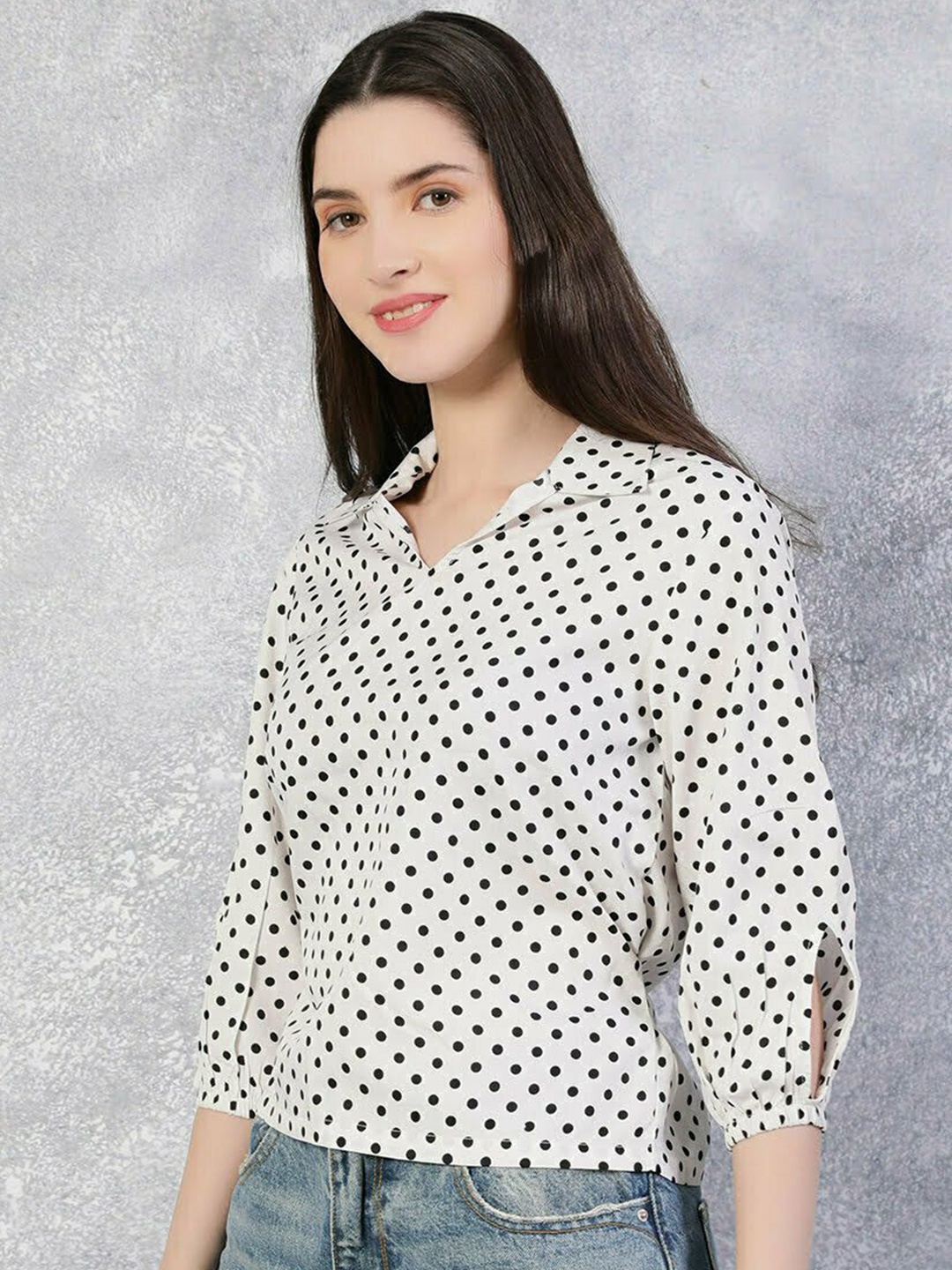 

THE BLACK LOVER Women Polka Dot Printed Shirt Collar Cotton Top, White