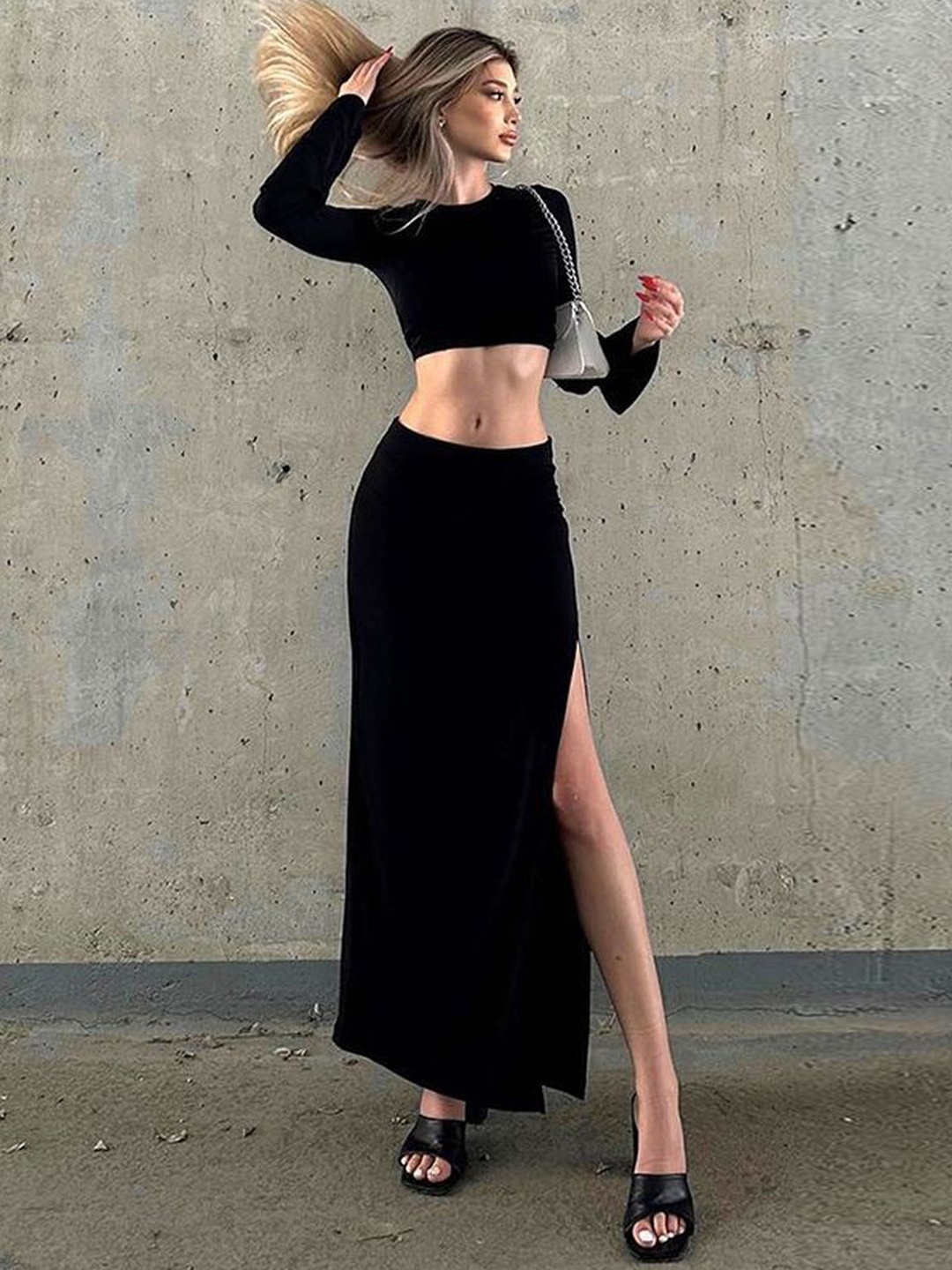 

LULU & SKY Round Neck Crop Top With Skirt, Black