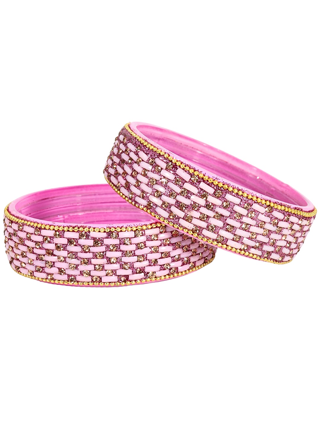 

ZULKA Set of 2 Zircon Diamond Stone Studded & Beaded Kada Bangles, Pink