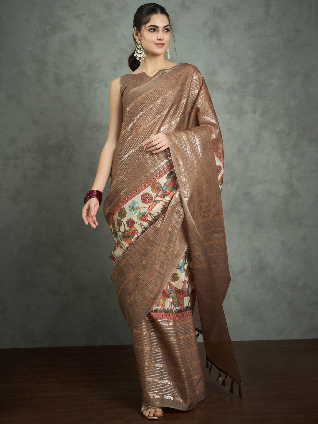 

Mitera Kalamkari Block Print Saree, Brown