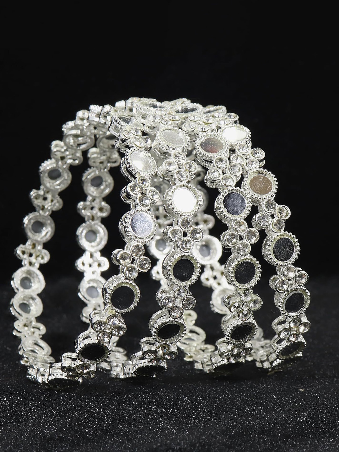 

ZULKA Set of 4 Silver-Plated Artificial Stones and Beads Studded Bangles
