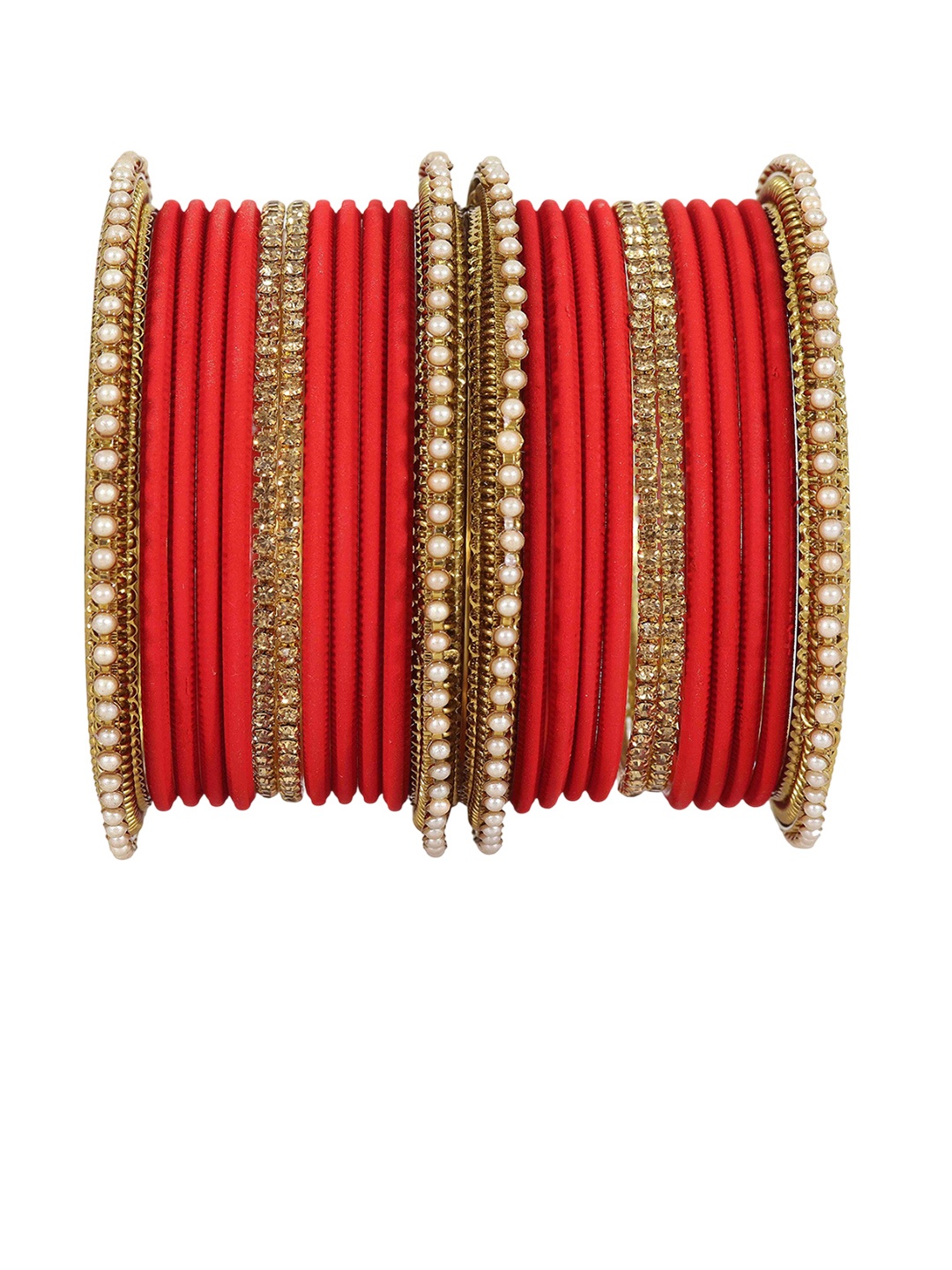 

Set of 144 Non-Precious Metal Zircon Gemstone Studded Traditional Bangles, Red