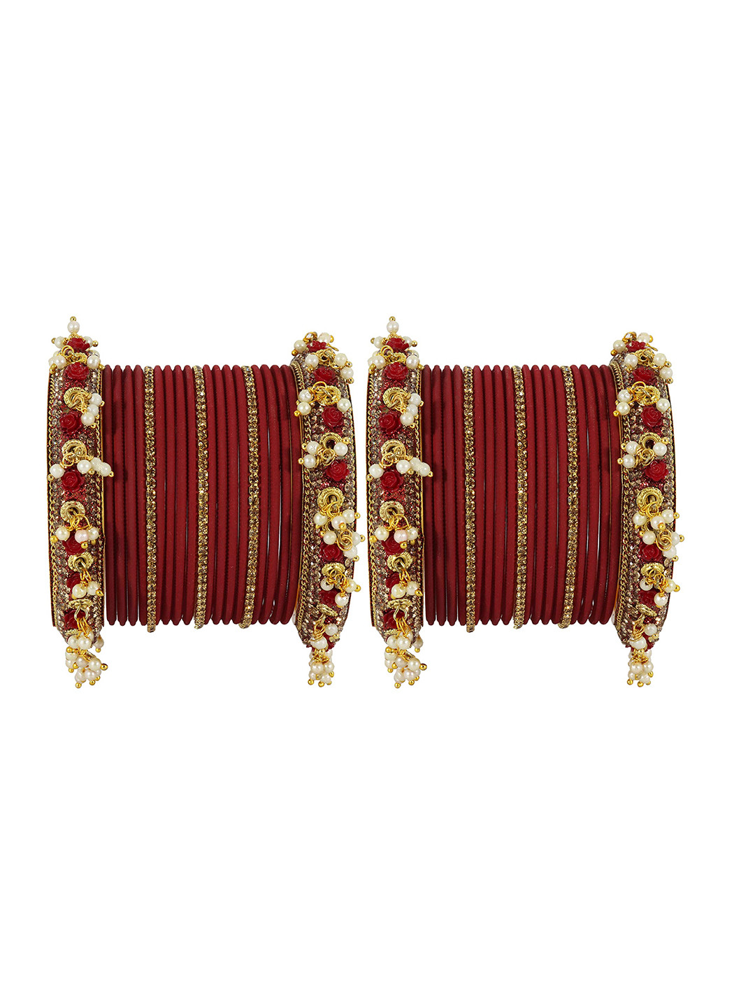 

ZULKA Set of 42 Alloy Base with Zircon Gemstone and Pearl linked Latkan Pattern Bangles, Red