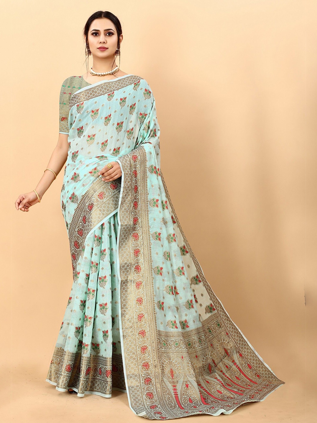 

VARNI FABRICS Woven Design Pure Cotton Saree, Green