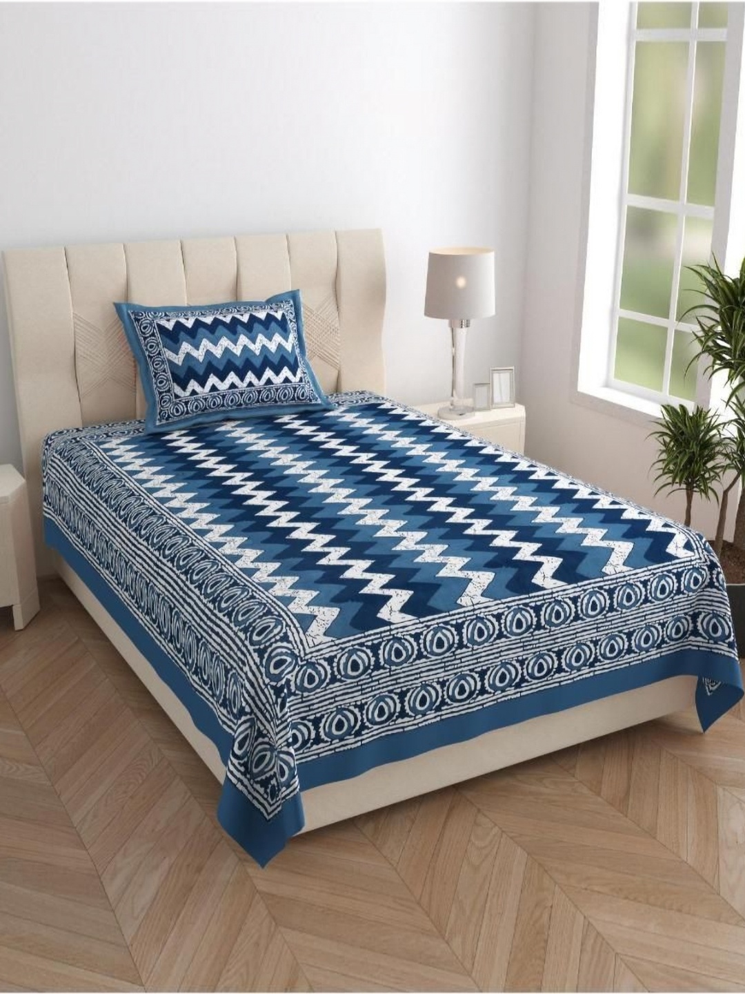 

UNIQCHOICE Blue & White Geometric 120 TC Cotton Single Bedsheet Set-2.25 m x 1.50 m